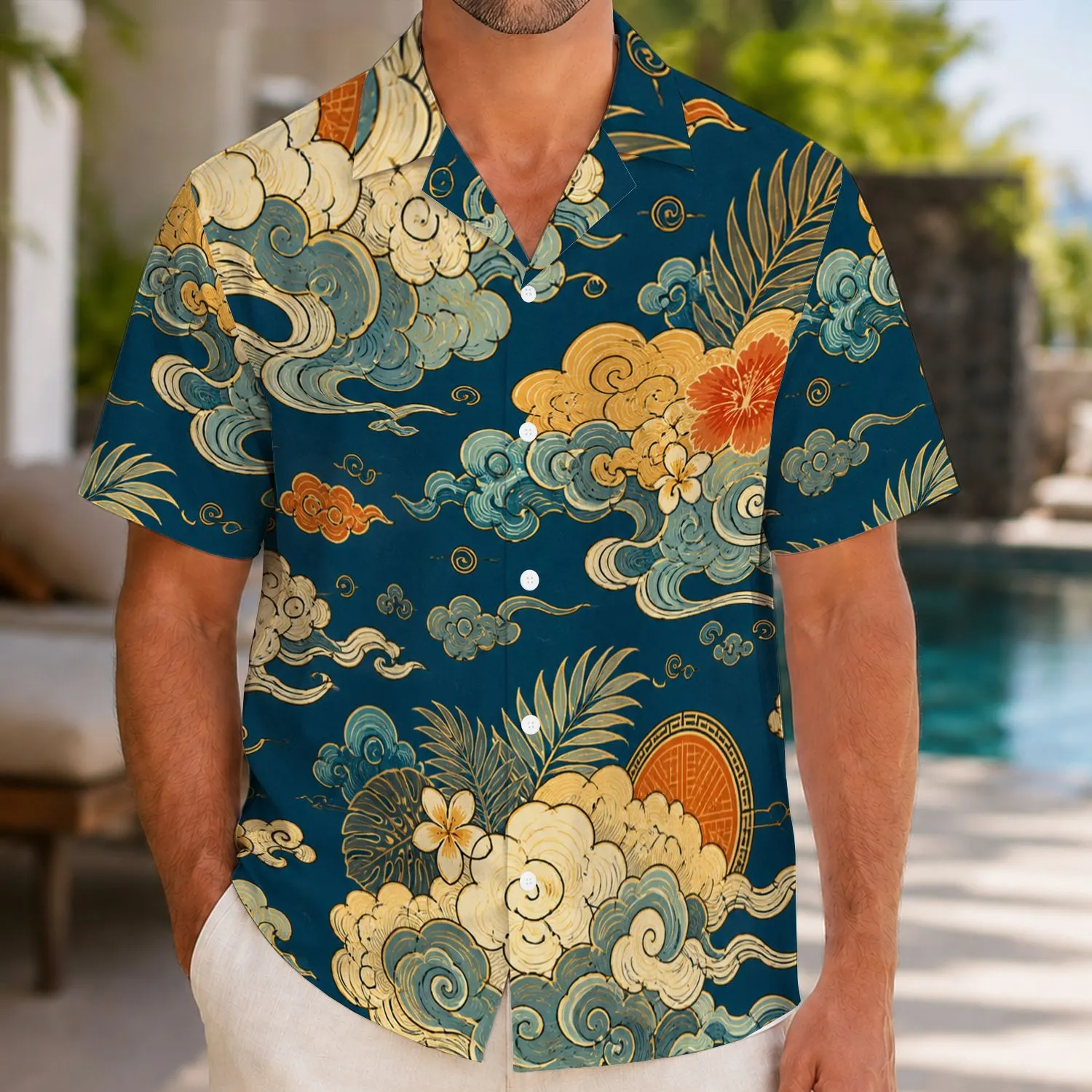 Navy Cloud Motif Resort Style for Summer Evenings and Island Getaways for Modern Men Hawaiian Shirt - 1