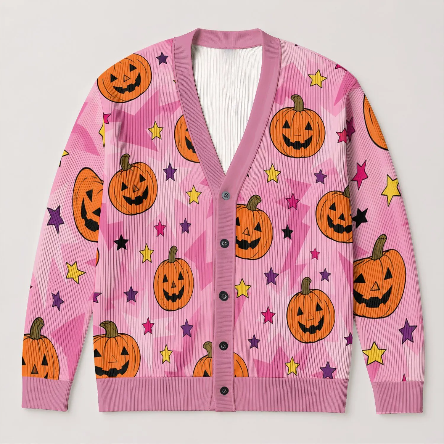 Pink Jack-O'-Lantern Stars For Autumn Parties, Cozy Layering, And Fall Vacations All-over Print Knitted Cardigan - 1