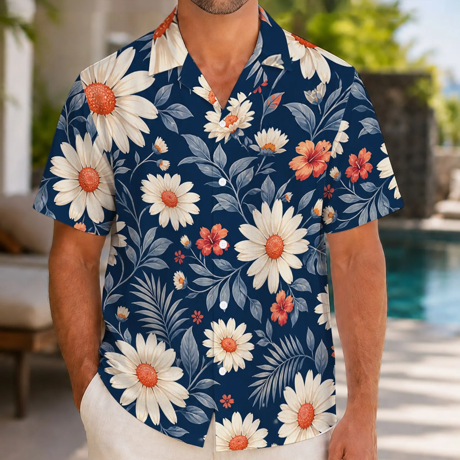 Cream Daisy Blossoms with Navy Foliage for Resort Vacations, Cruises, and Summer Getaways Hawaiian Shirt - 1