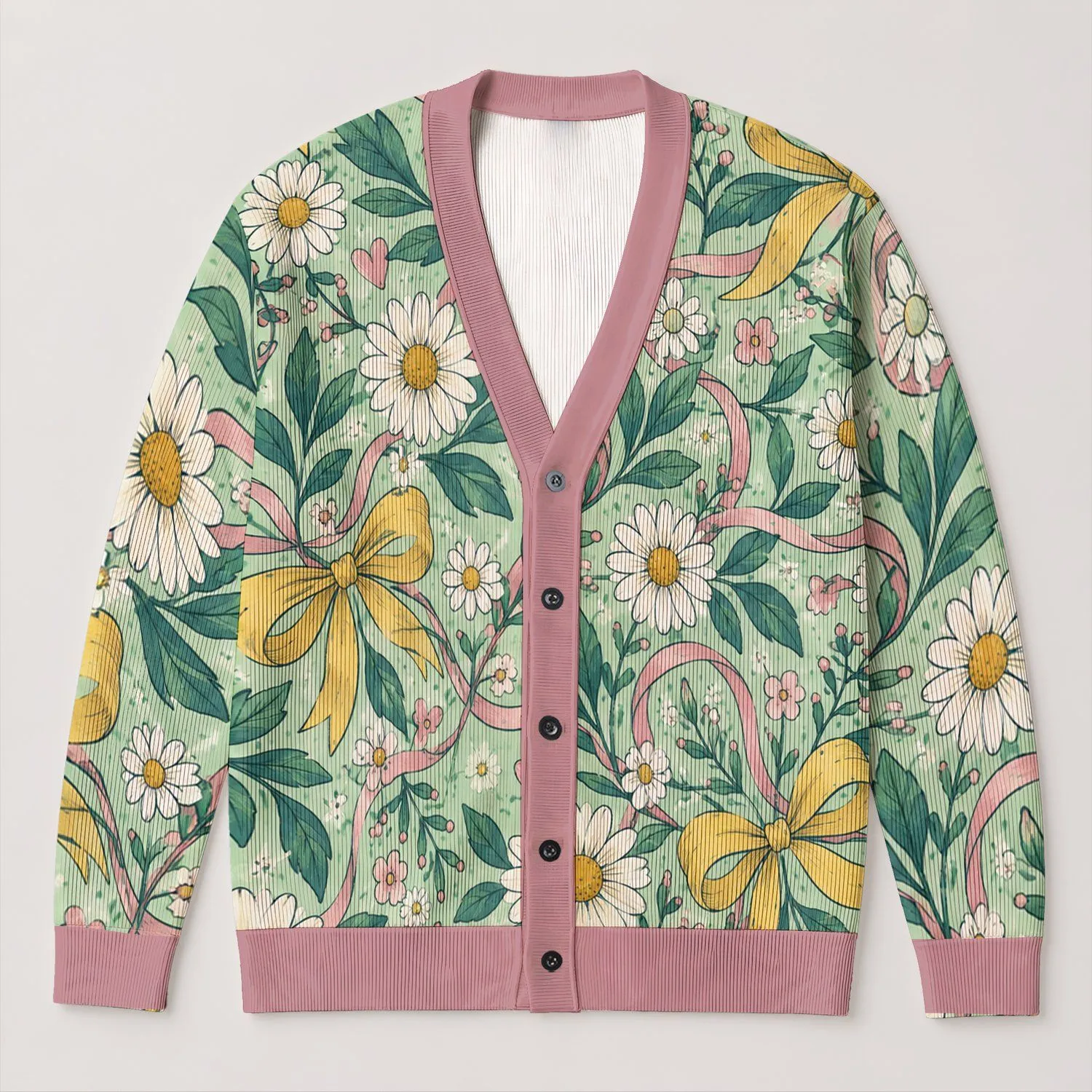 Daisy Bow Floral Ribbon Garden Style for Casual Layering and Weekend Outings All Seasons All-over Print Knitted Cardigan - 1