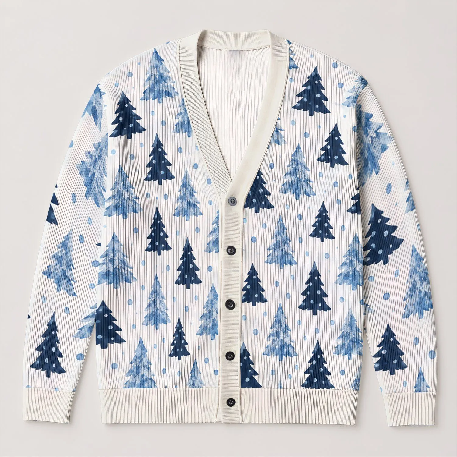 Blue Evergreen Trees and Snow Dots for Winter Gatherings and Cozy Everyday Style for Women All-over Print Knitted Cardigan - 1