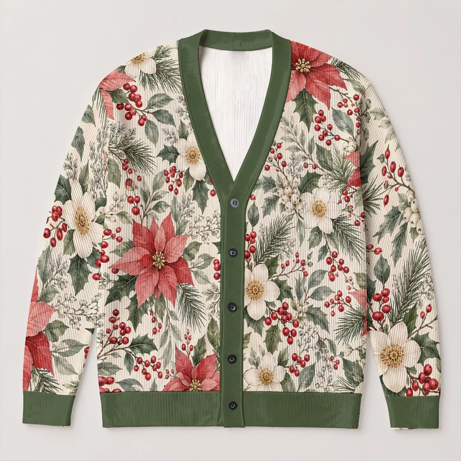 Red Berry Winter Floral Holiday Layering Style for Women, Cozy Seasonal Gathering Wear and Gifting All-over Print Knitted Cardigan - 1