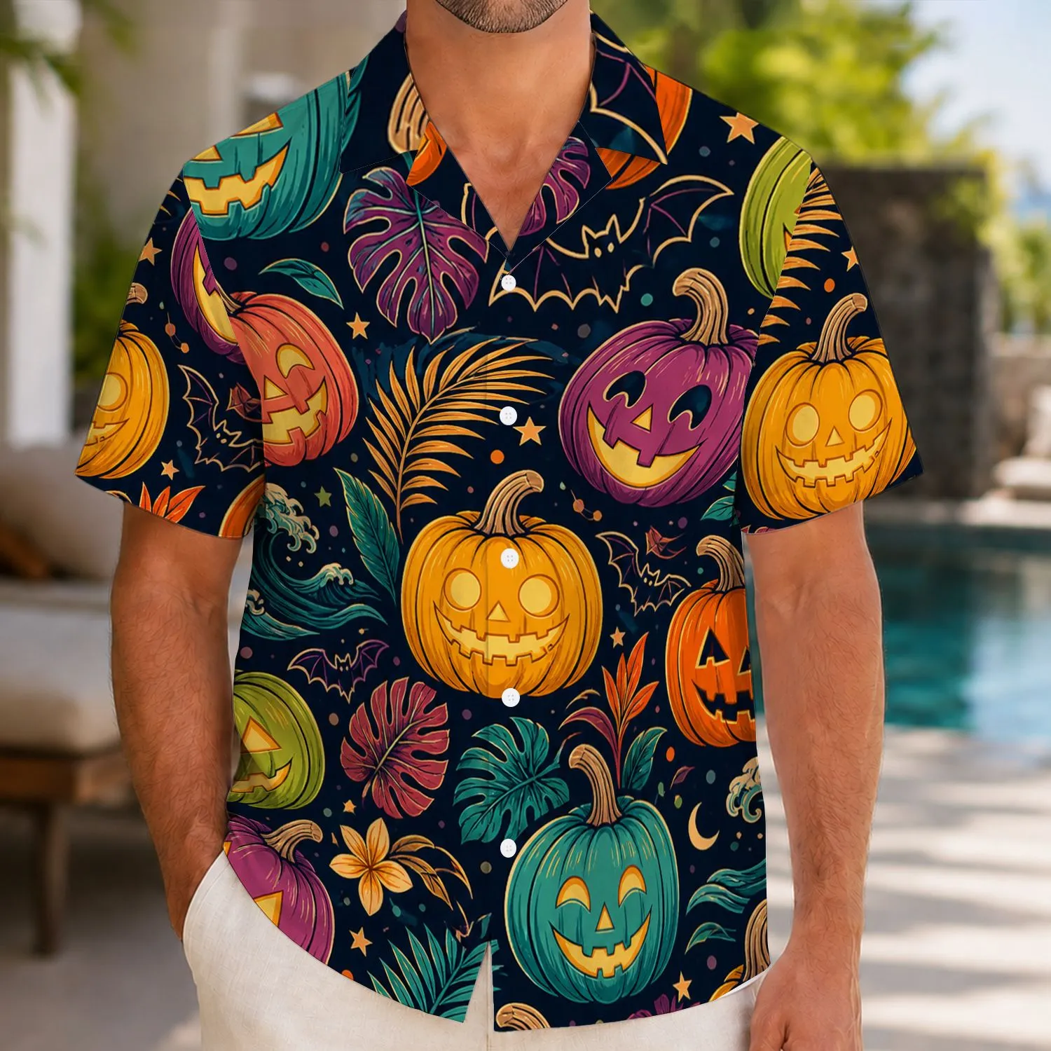 Jack-O'-Lantern Bats and Tropical Night Shapes for Halloween Festivities for Adults Hawaiian Shirt - 1