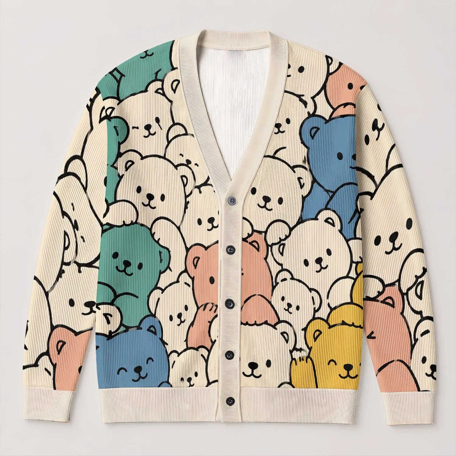 Cute Teddy Bear Crowd For Cozy Everyday Layering And Casual Women’s Weekend Style All-over Print Knitted Cardigan - 1