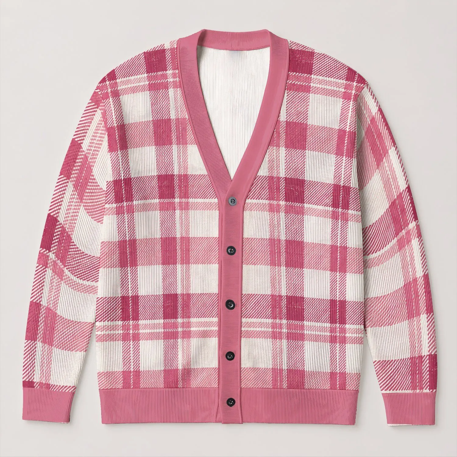 Soft Pink Windowpane Plaid Layers For Everyday Spring Style And Weekend Gifting All-over Print Knitted Cardigan - 1