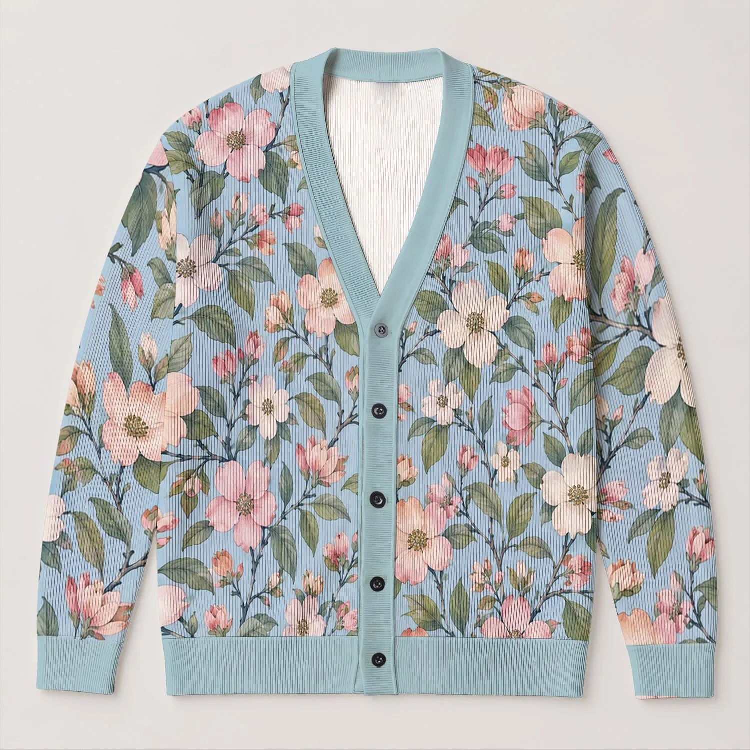 Pastel Dogwood Blossoms on Sky Blue for Spring Layering, Feminine Everyday Style All-over Print Knitted Cardigan - 1