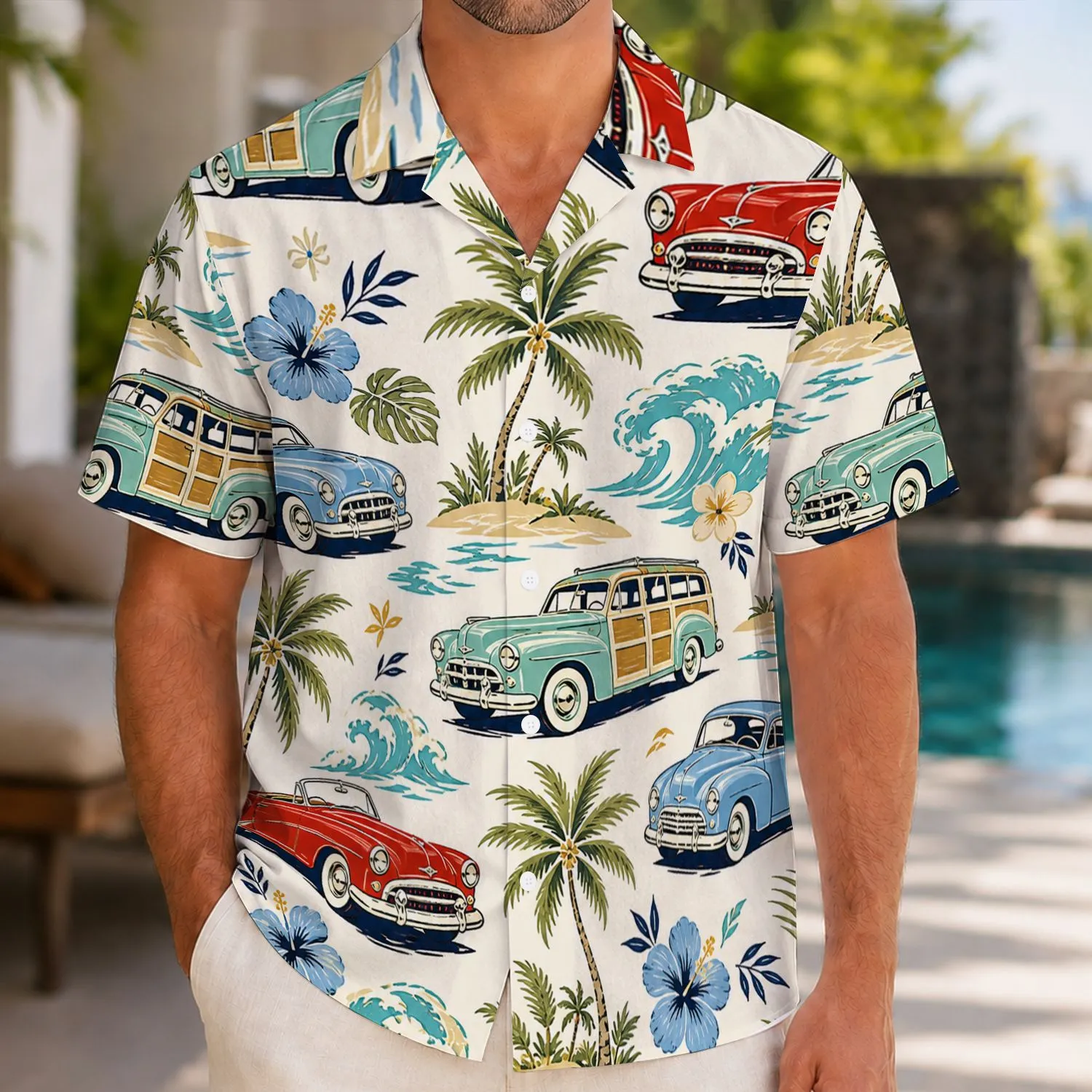 Vintage Cars Palm Trees And Blue Hibiscus For Tropical Vacation Summer Getaway Style Hawaiian Shirt - 1