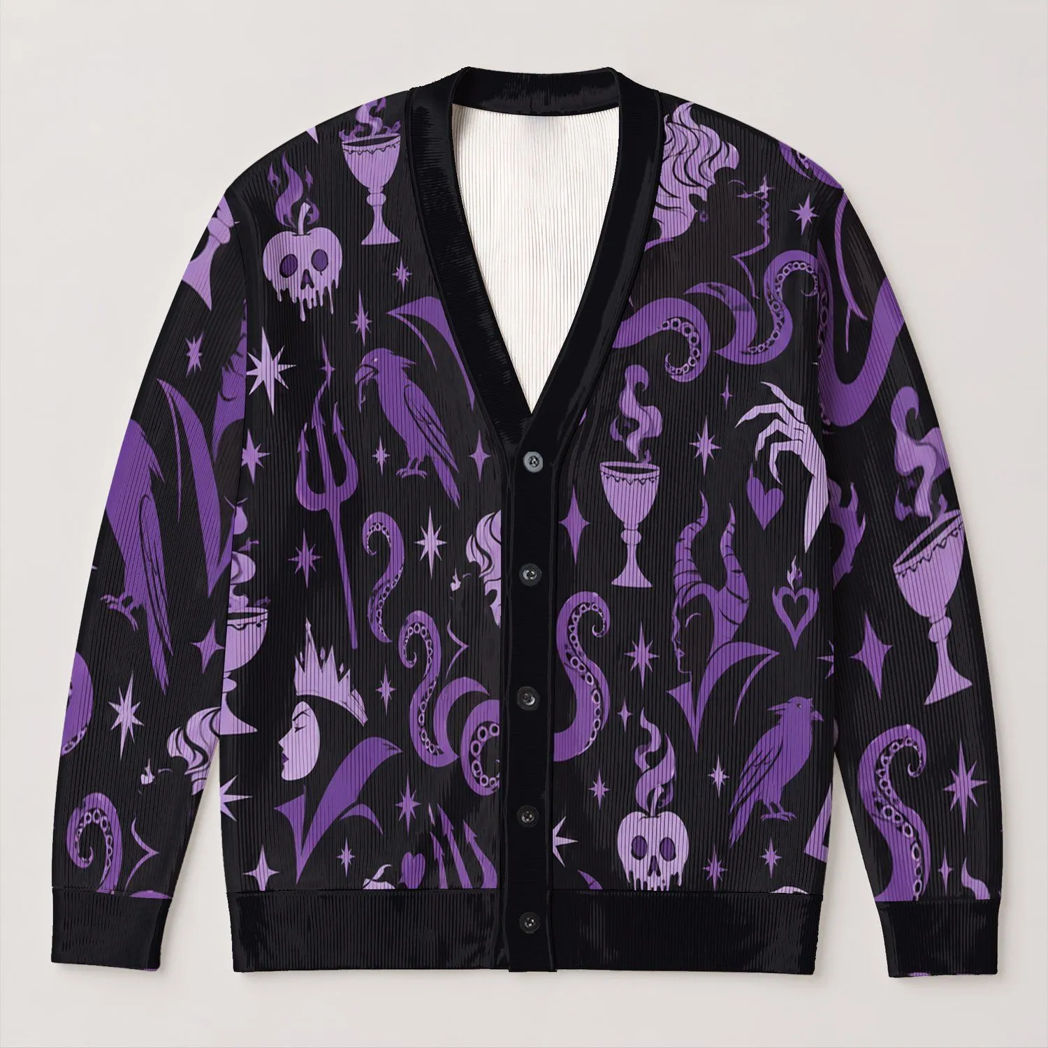 Purple Villain Silhouettes for Halloween Park Nights and Spooky Season Style All-over Print Knitted Cardigan - 1