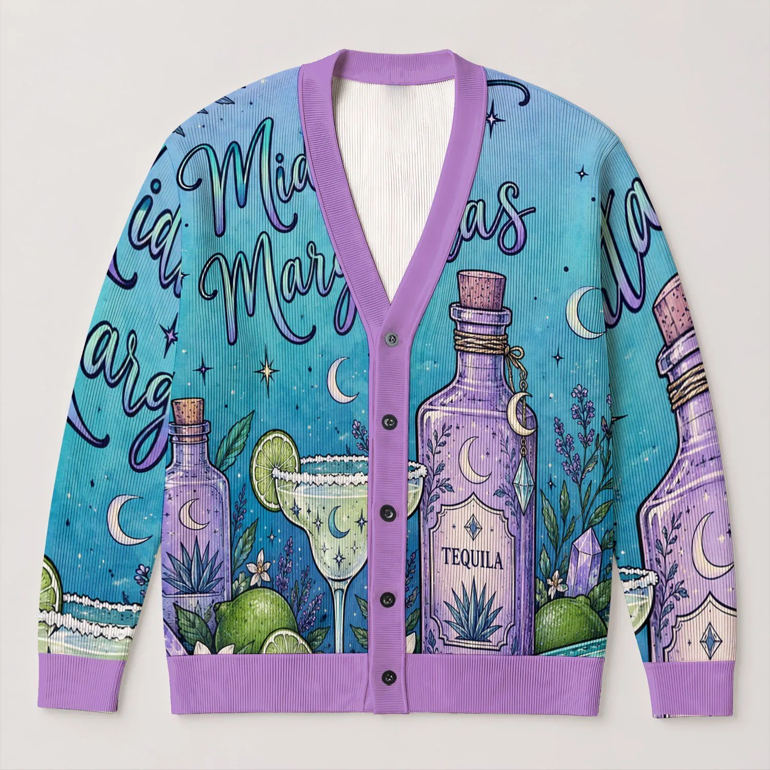 Midnight Margarita Tequila Bottles for Witchy Night-Out Styling and Cozy Gift Giving All-over Print Knitted Cardigan - 1