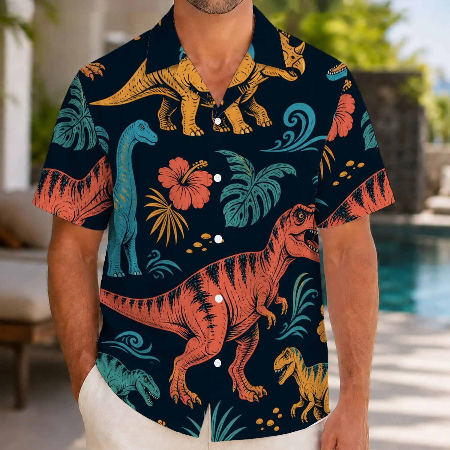 Neon Dinosaur Beach Vacation Style for Men, Retro Tropical Island Holiday Wear Hawaiian Shirt - 1