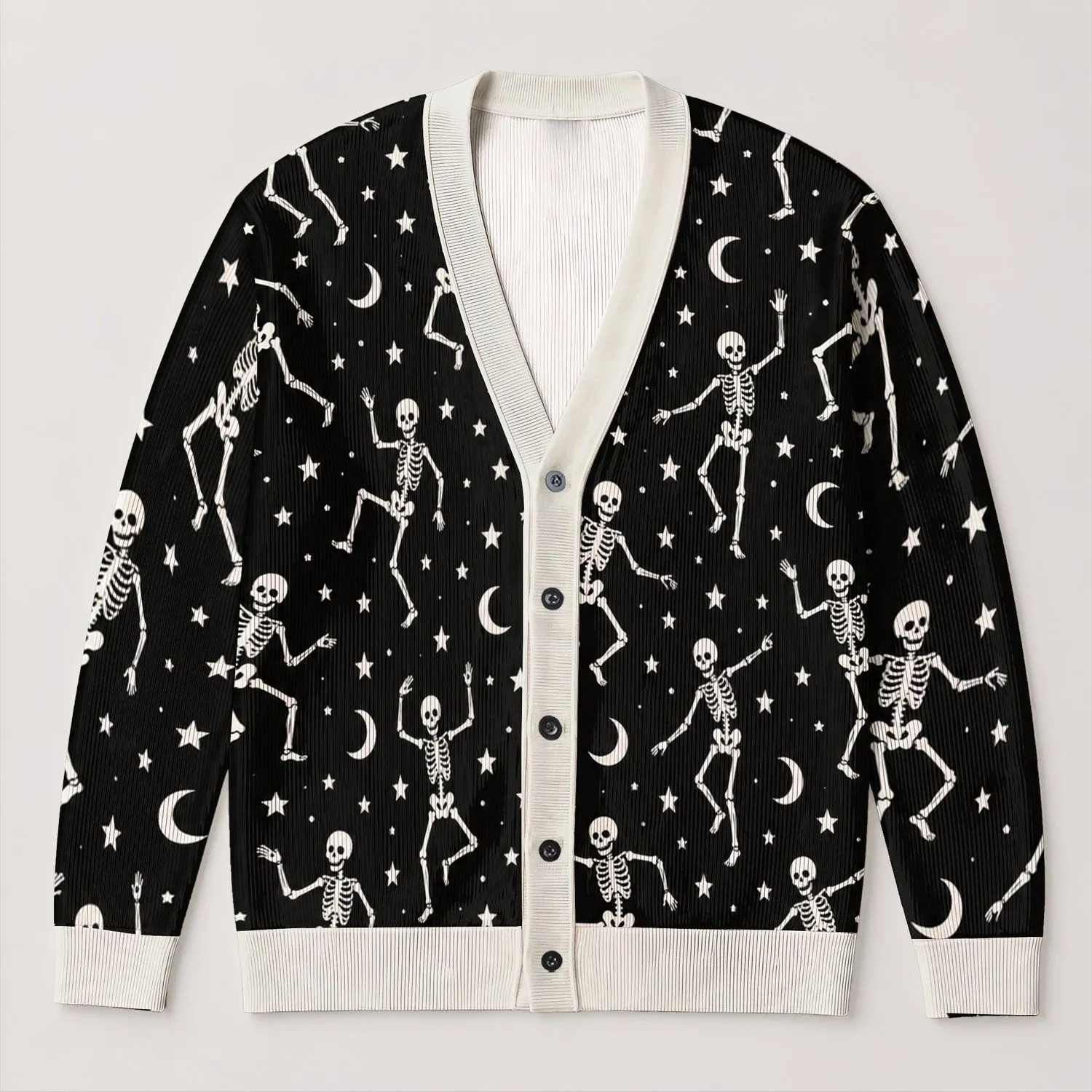 Dancing Skeletons And Crescent Moons For Halloween Nights And Everyday Goth Style Fans All-over Print Knitted Cardigan - 1