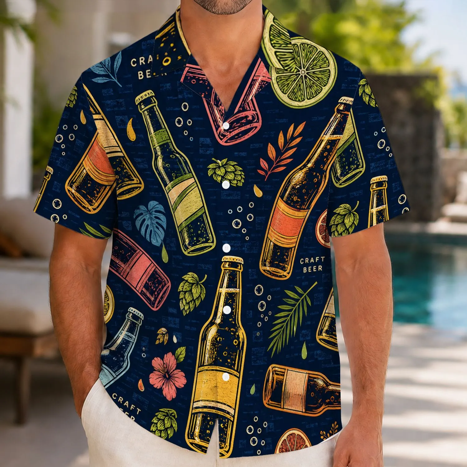 Craft Beer Bottles and Citrus Slices for Brewery Nights and Weekend Parties for Men Hawaiian Shirt - 1