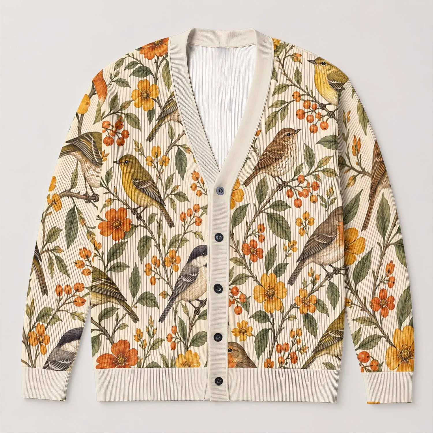 Vintage Songbird Garden for Spring Layering and Everyday Cottage Style Gift Giving All-over Print Knitted Cardigan - 1