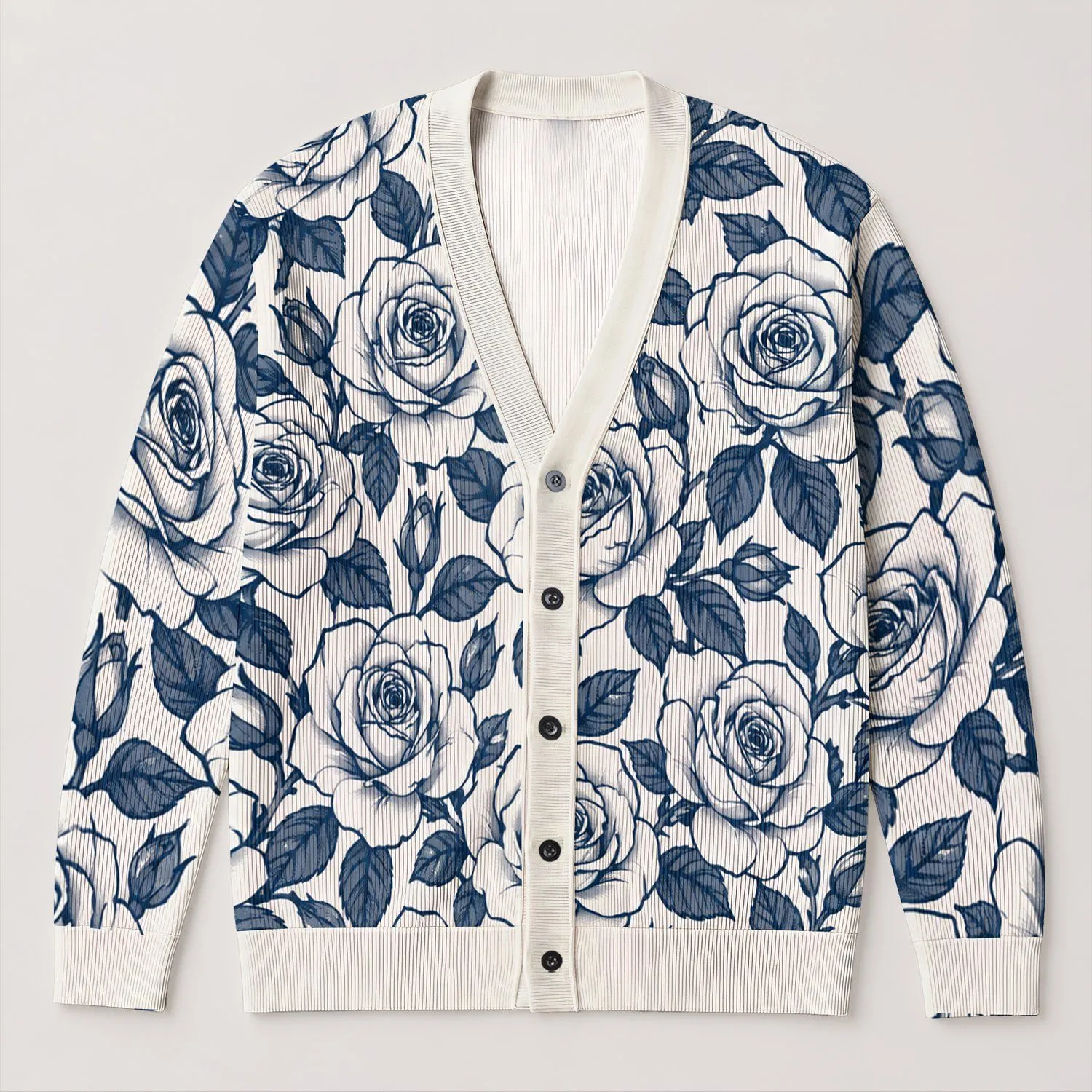 Navy Spiral Rose Motif For Everyday Layering, Office Style, And Weekend Outings For Women All-over Print Knitted Cardigan - 1