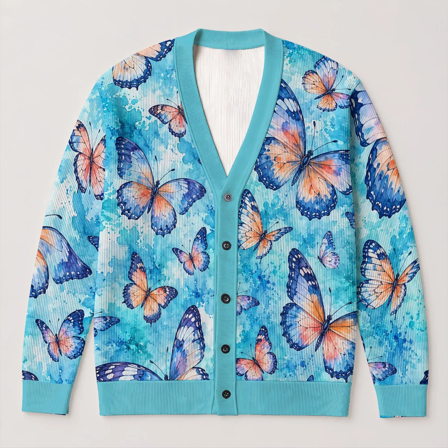 Blue Butterfly Garden Motifs for Spring Layering and Casual Everyday Style for Women All-over Print Knitted Cardigan - 1