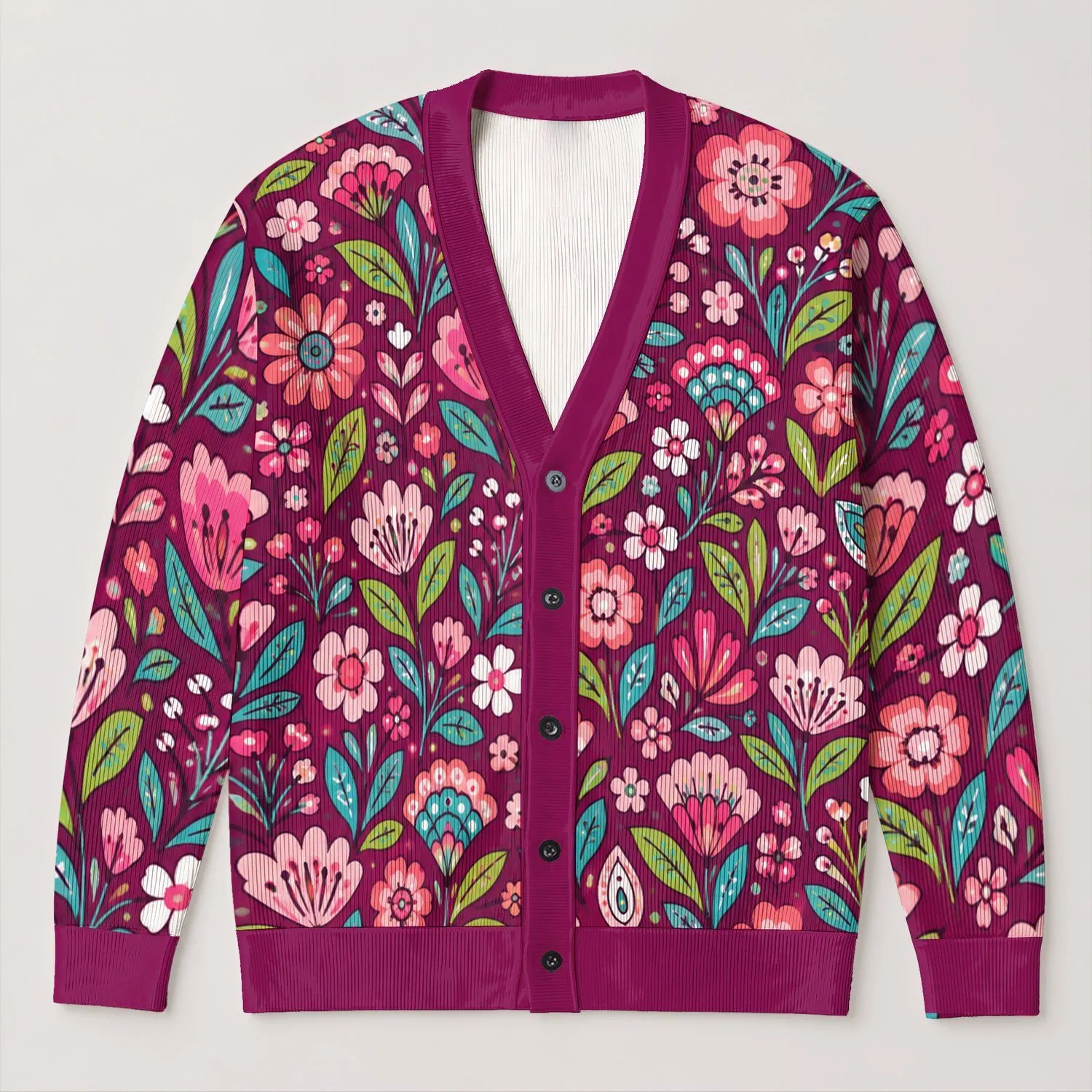 Bright Folk Floral Blooms for Colorful Everyday Layering and Women's Casual Style All-over Print Knitted Cardigan - 1