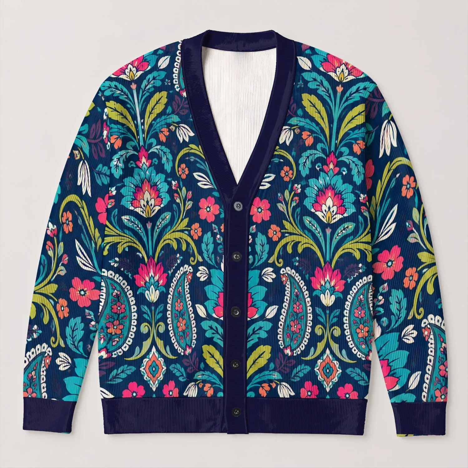 Vibrant Floral Folk Motifs for Spring Layering and Casual Family Gatherings Outdoors All-over Print Knitted Cardigan - 1