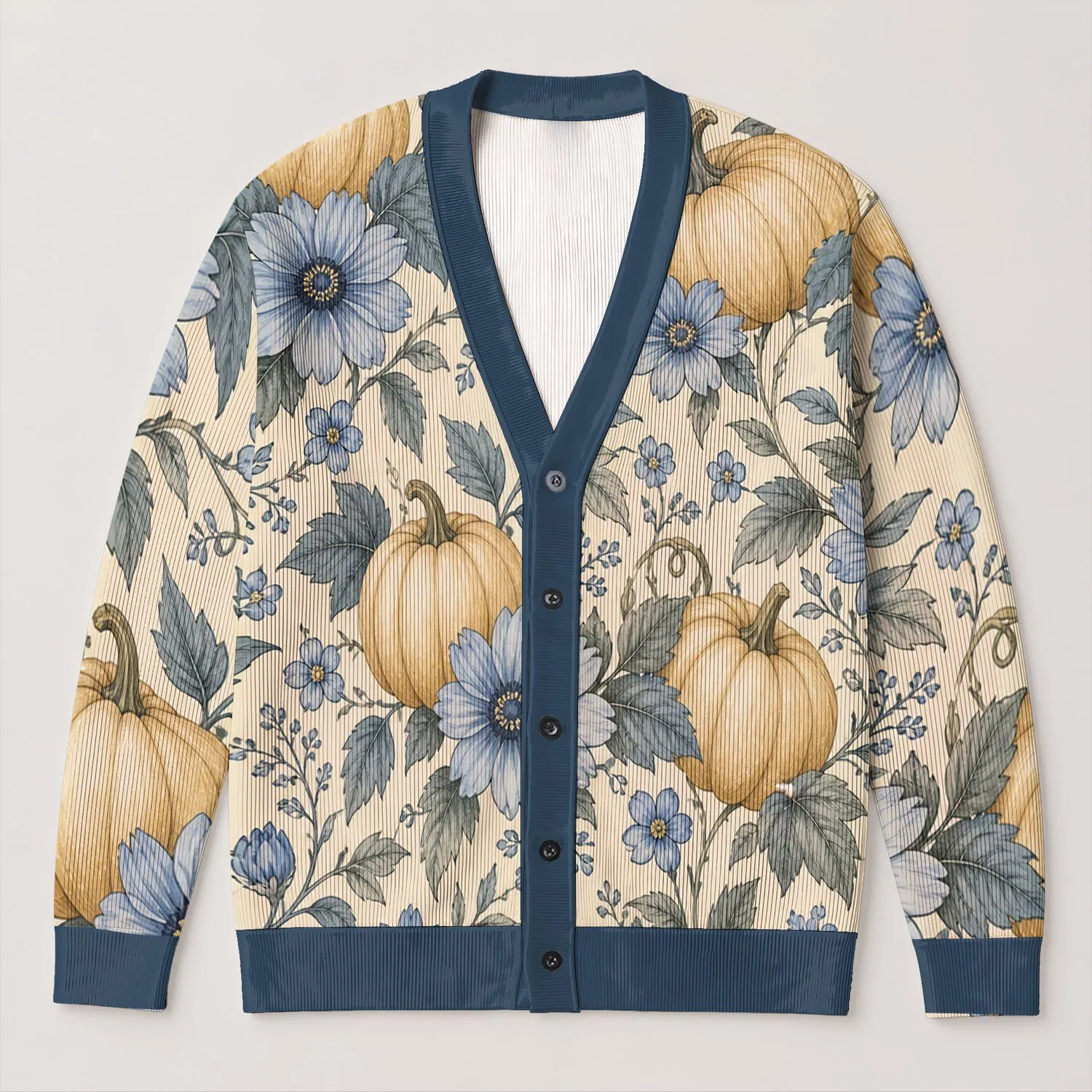 Blue Florals and Golden Pumpkins for Autumn Gatherings and Everyday Layering for Women All-over Print Knitted Cardigan - 1