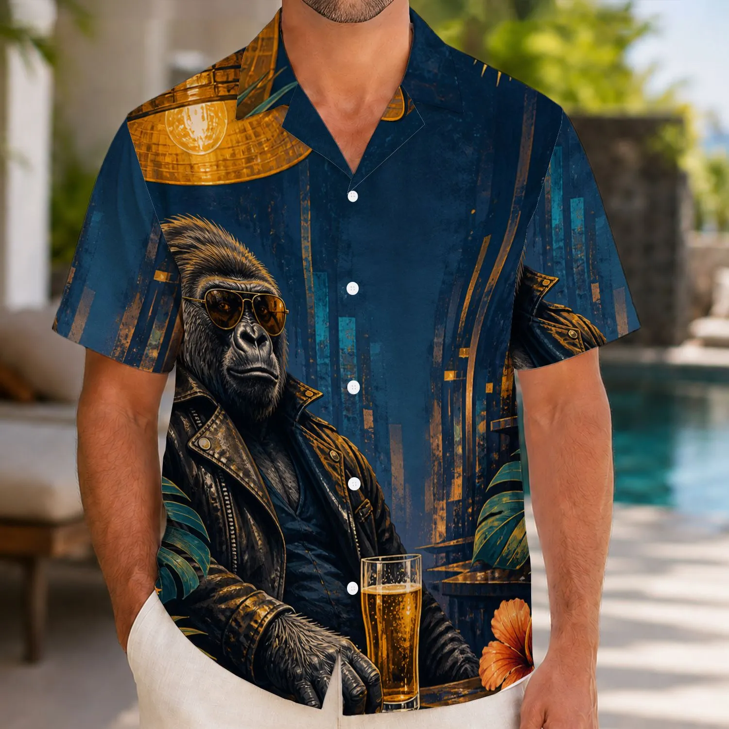 Sunglasses Gorilla At Tropical Night Bar For Vacation Parties And Rock Street Style Hawaiian Shirt - 1