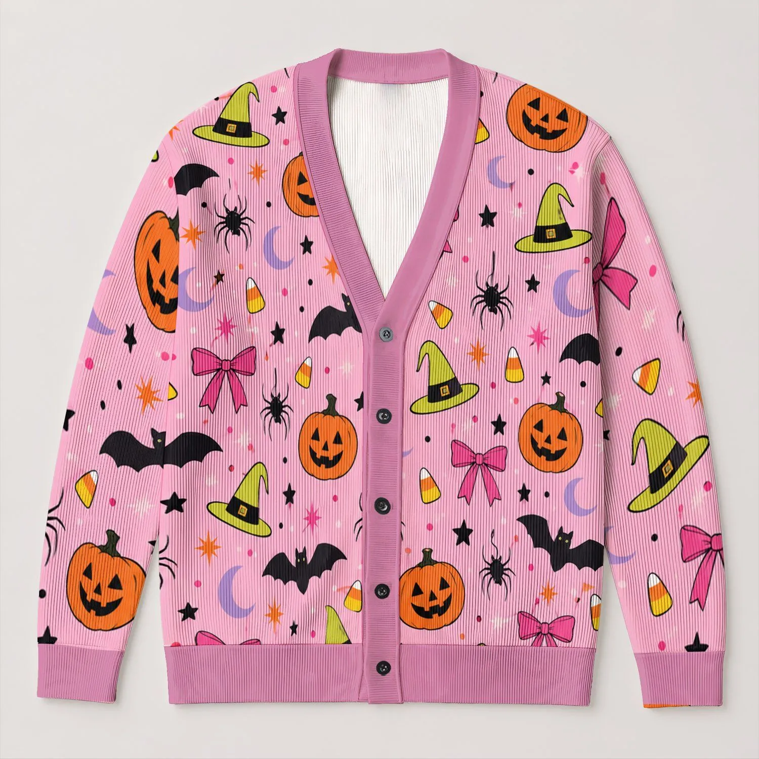 Pink Halloween Bats Pumpkins And Bows For Festive Autumn Gatherings And Parties Women All-over Print Knitted Cardigan - 1