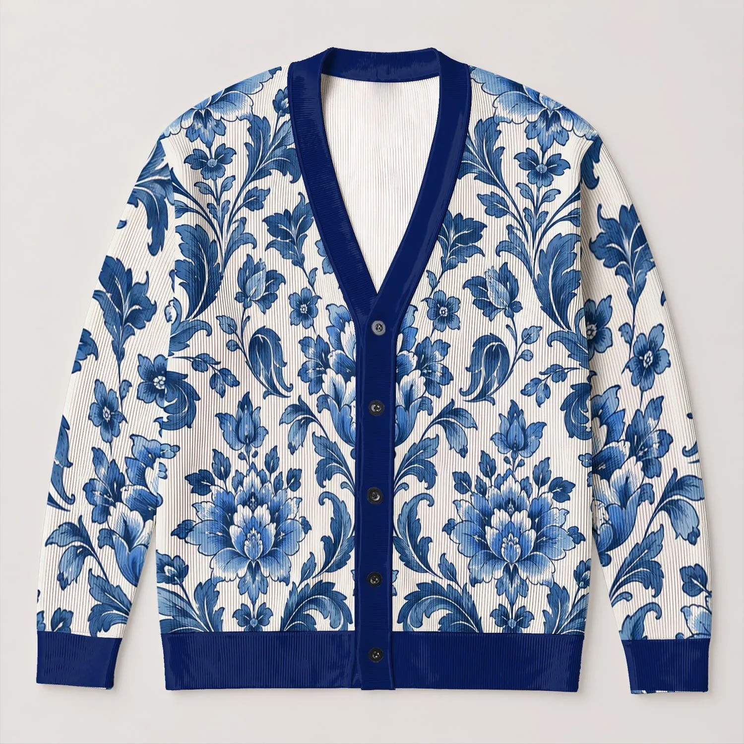 Blue and White Floral Damask Motifs for Relaxed Weekend Layering and Everyday Style All-over Print Knitted Cardigan - 1