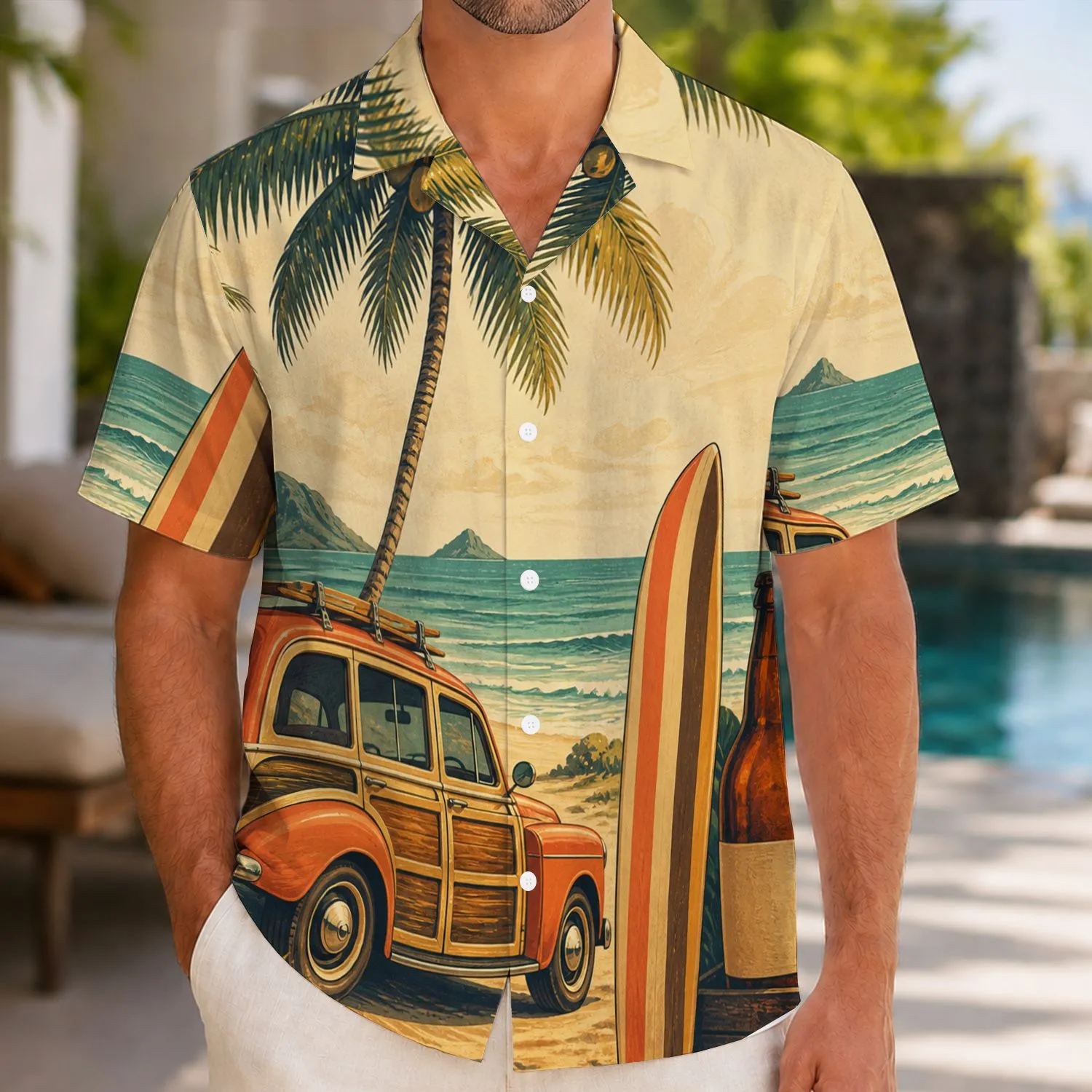 Vintage Surf Van Beach Scene for Summer Getaways and Coastal Road Trips Outdoors Hawaiian Shirt - 1