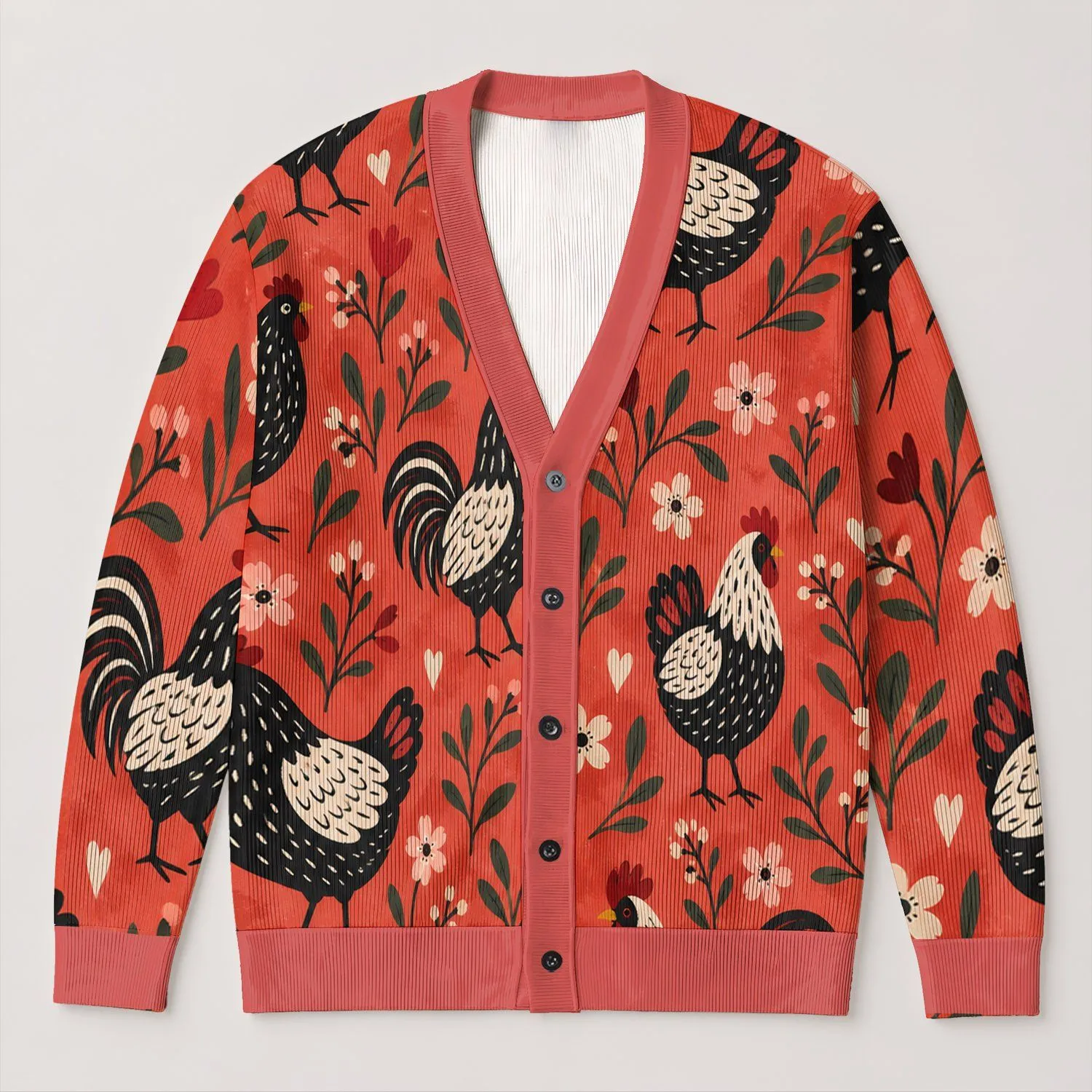Whimsical Rooster And Hen Garden Scene For Farmhouse Weekends And Casual Layering All-over Print Knitted Cardigan - 1