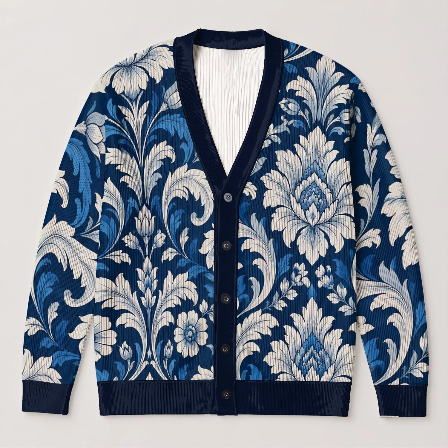 Navy Blue Floral Damask Motif for Everyday Layering and Office-to-Weekend Women's Style All-over Print Knitted Cardigan - 1