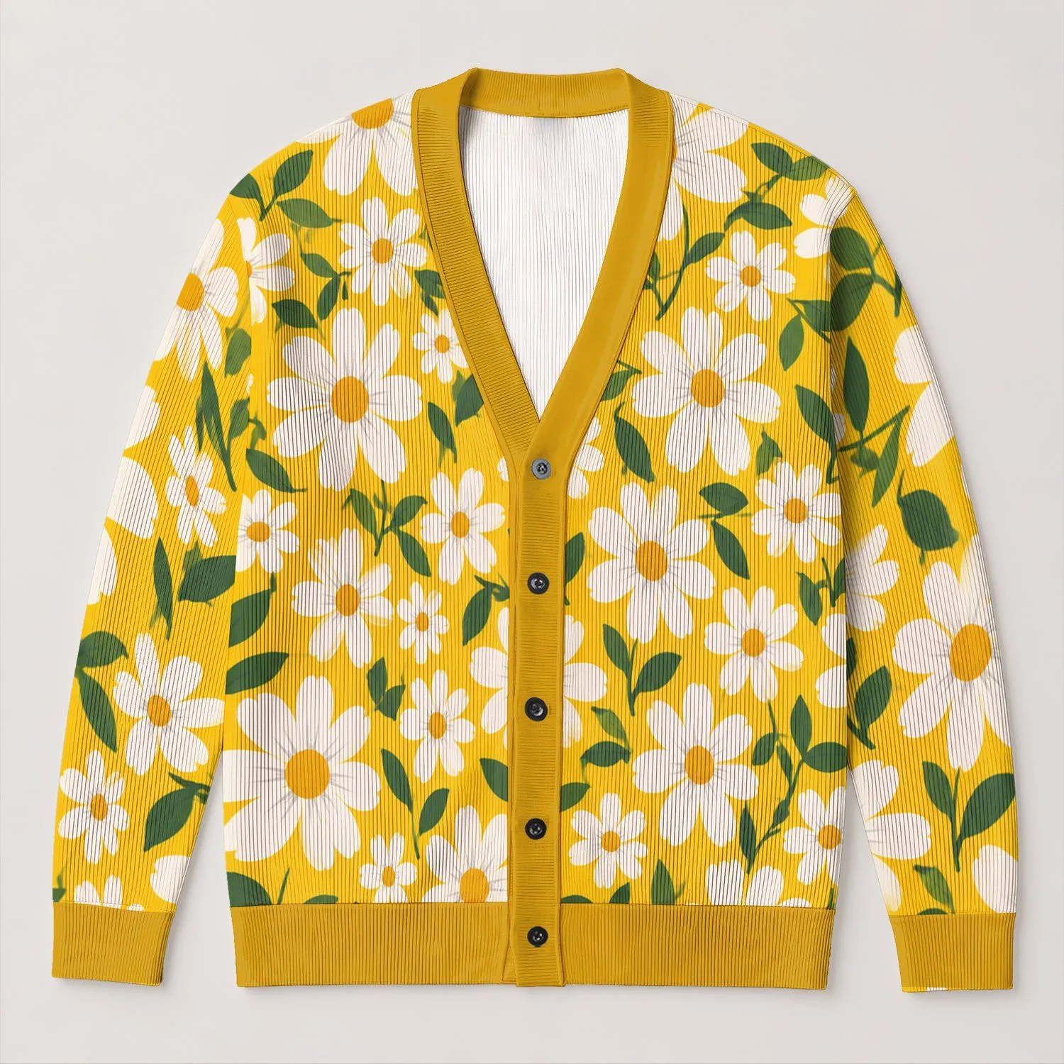 White Daisy Floral Yellow Spring Layering For Vacation Days And Casual Date Outfits All-over Print Knitted Cardigan - 1