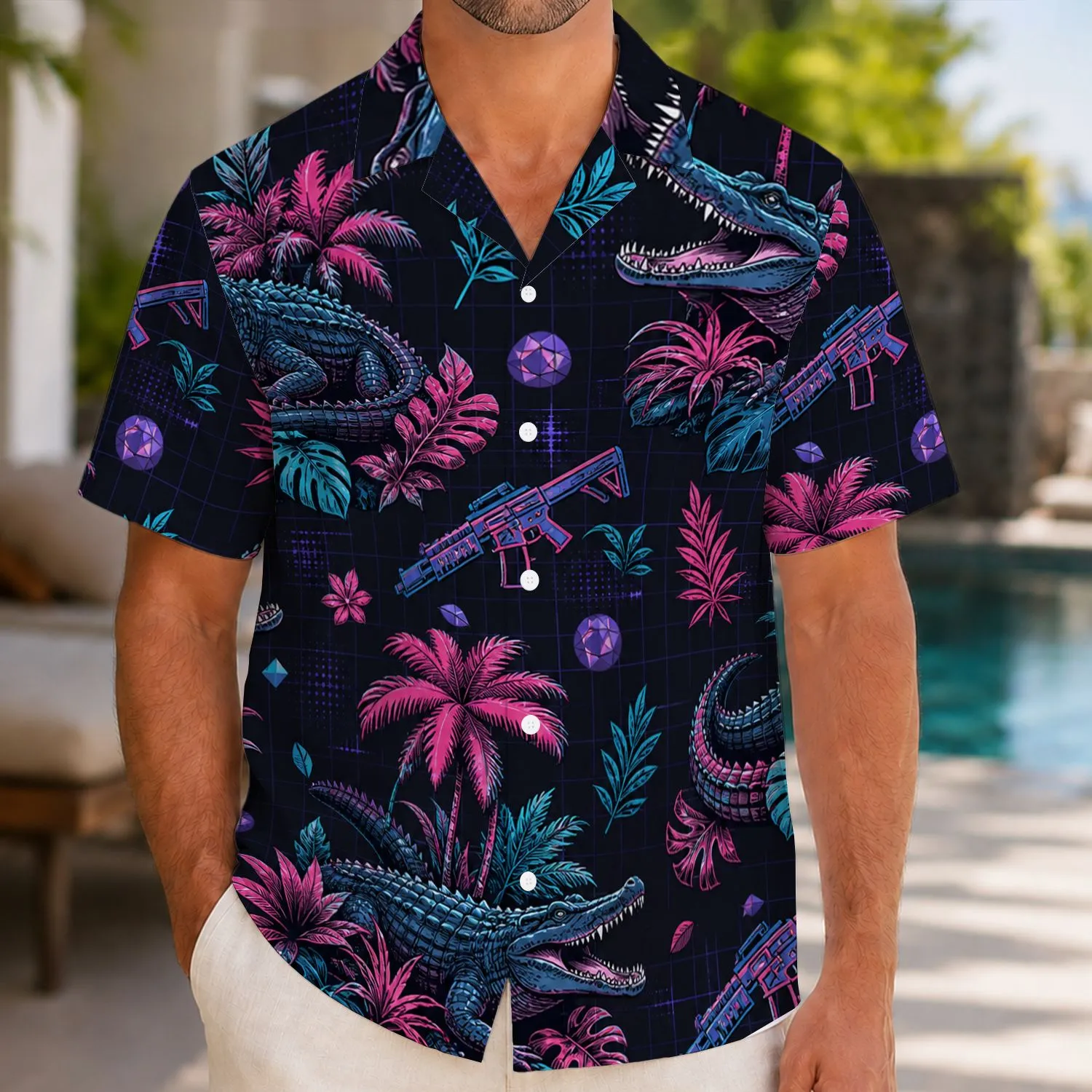 Neon Crocodile Palm Grove Motif for Tropical Vacation Nights, Men and Women Hawaiian Shirt - 1