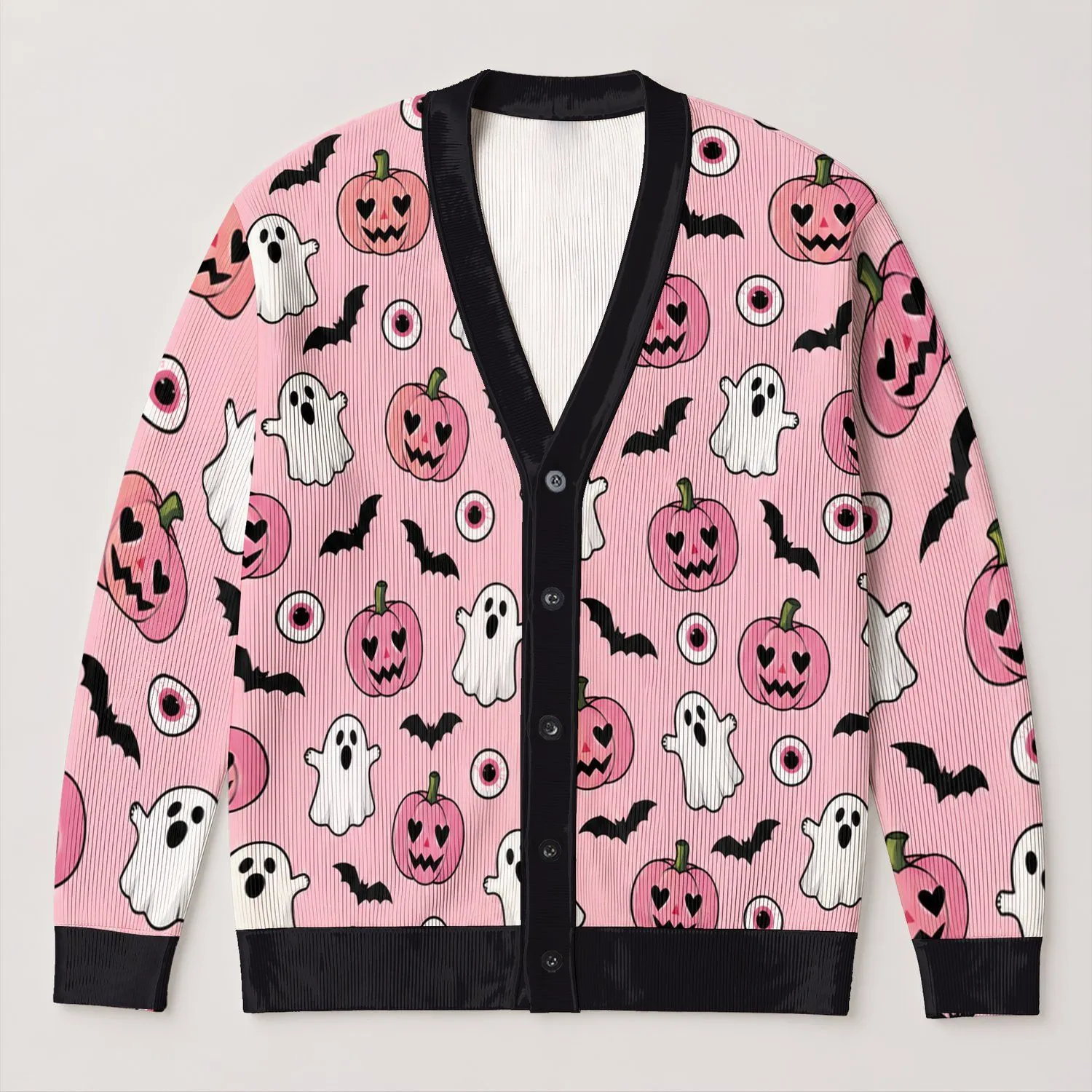 Pink Halloween Ghost Pumpkin Bats Eyeball Holiday Style for Autumn Gatherings Women All-over Print Knitted Cardigan - 1