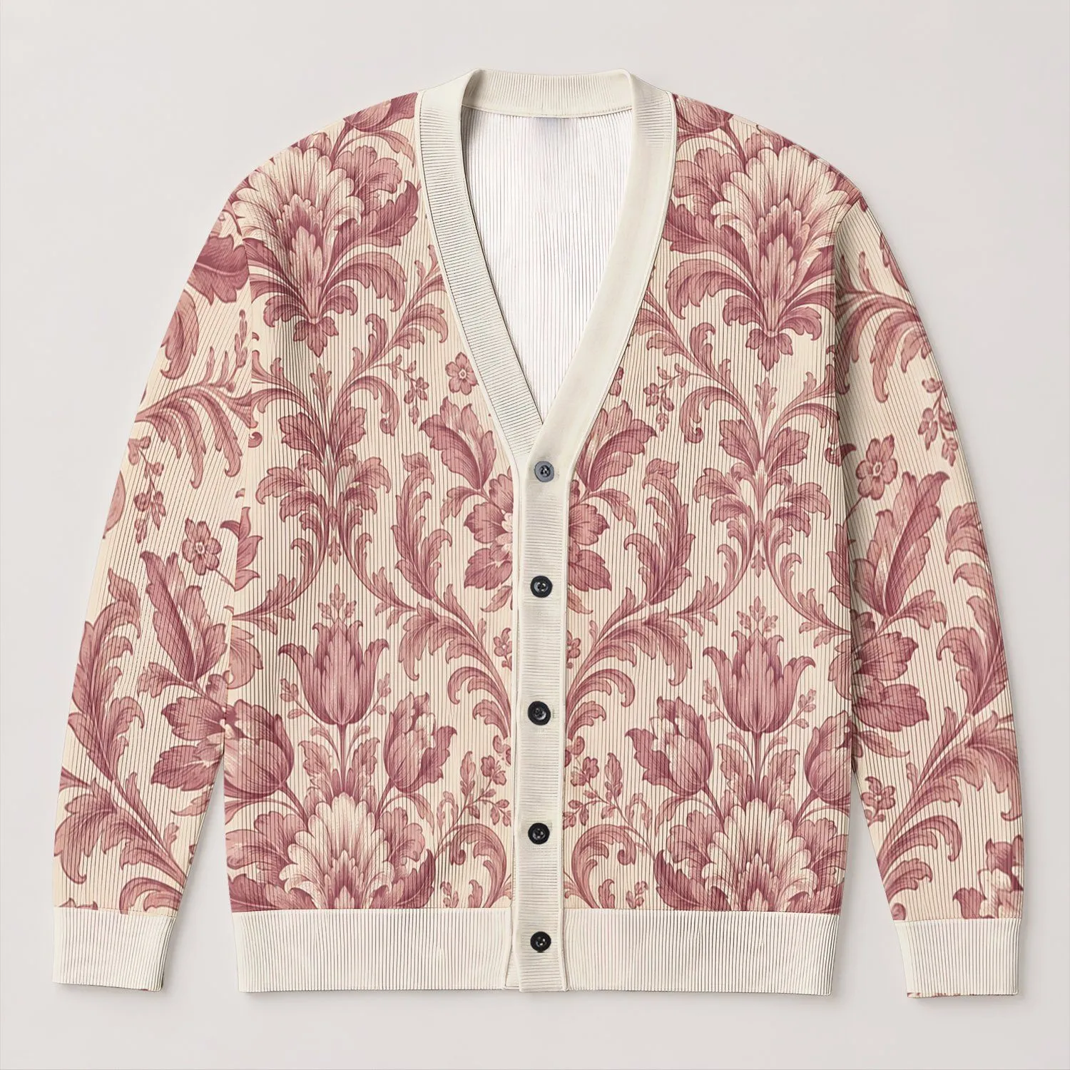 Dusty Rose Damask Florals for Soft Spring Layers, Romantic Everyday Styling, and Gifting All-over Print Knitted Cardigan - 1