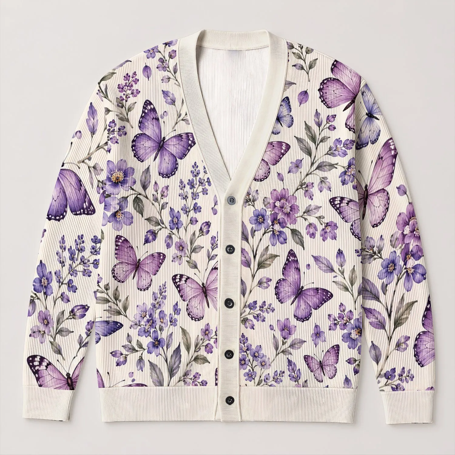 Purple Butterfly Floral Elegance for Spring Layering, Romantic Everyday Style for Women and Gifts All-over Print Knitted Cardigan - 1