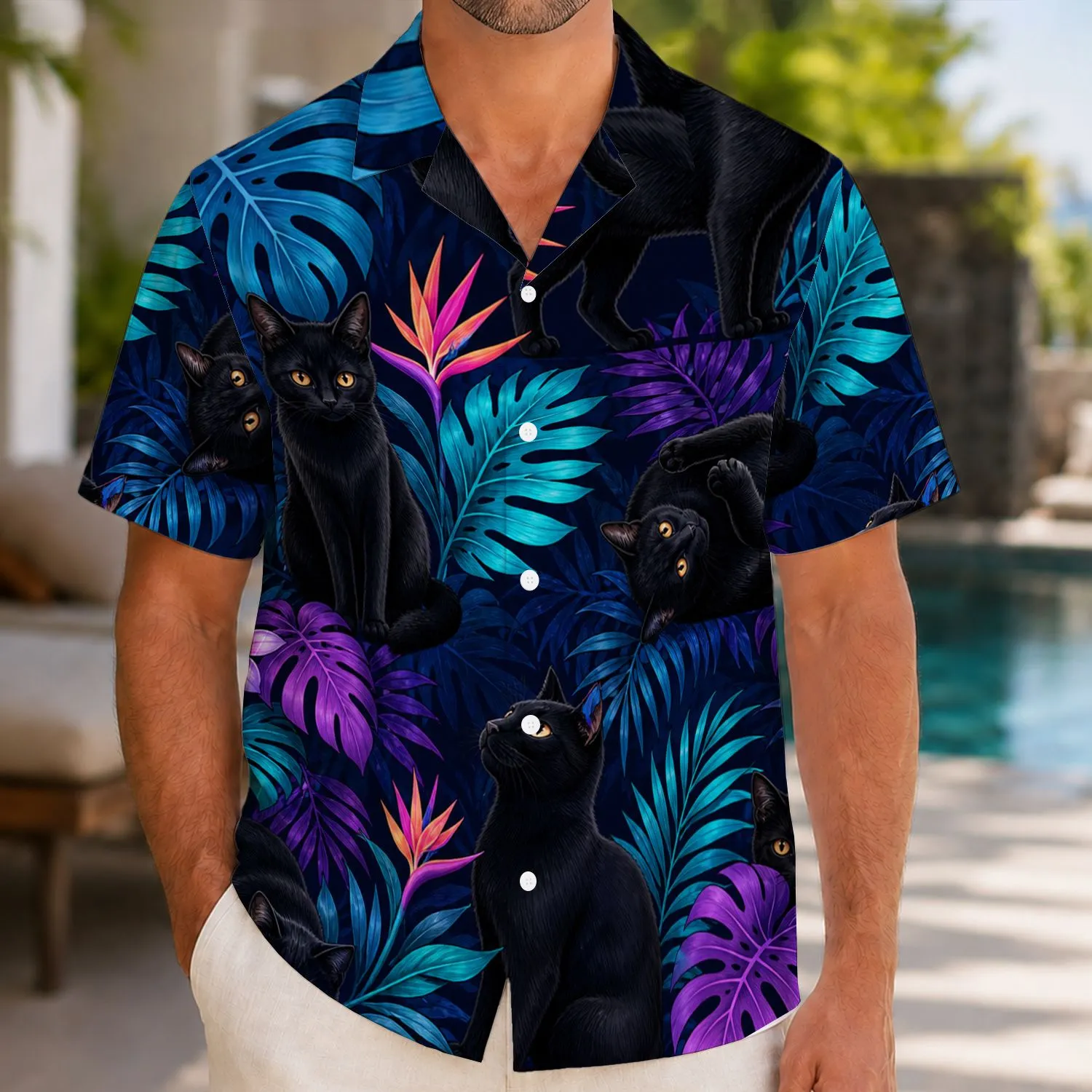 Black Cat Tropical Foliage Vacation Gift for Cat Lovers and Island Getaway Style Hawaiian Shirt - 1