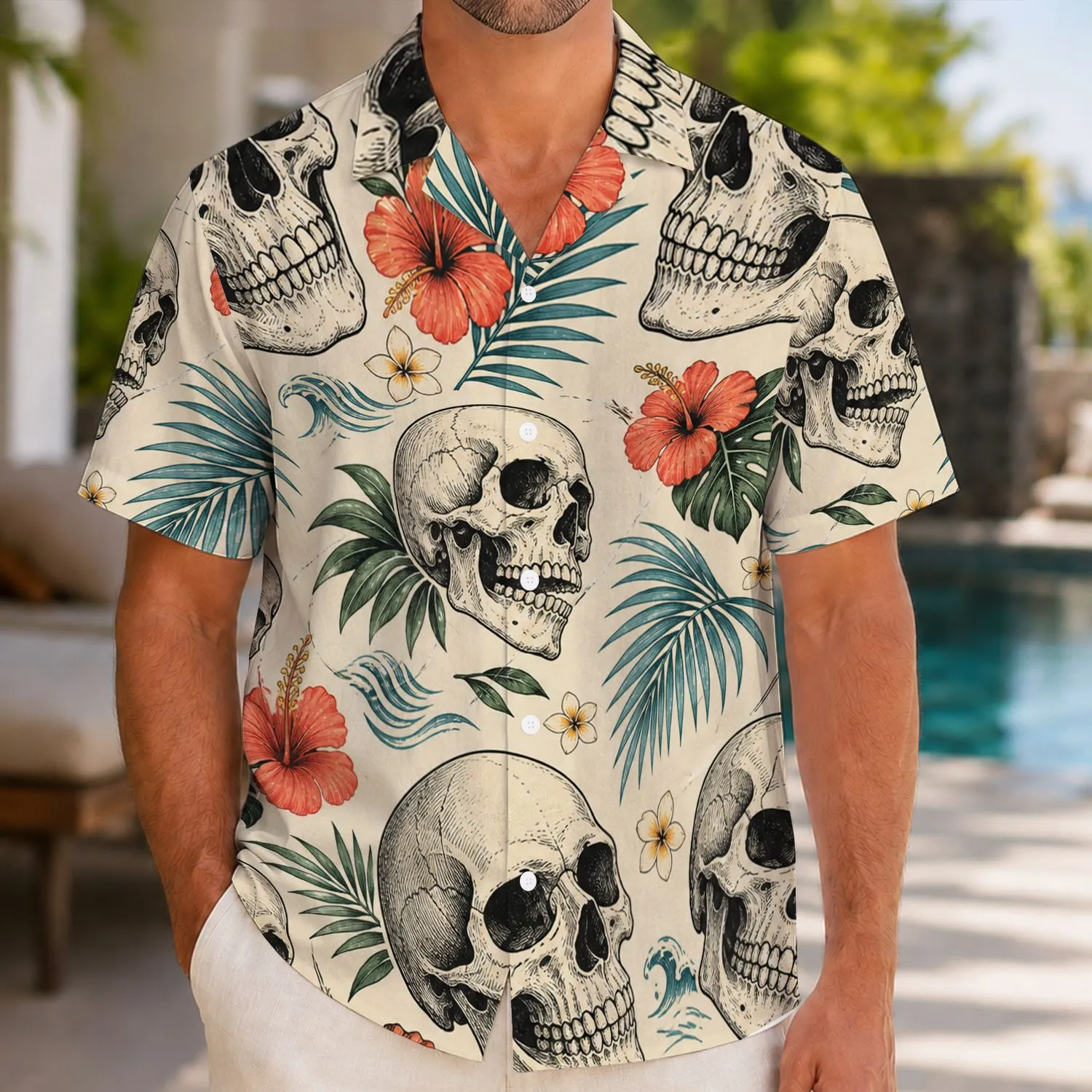 Skull Aloha Motif for Beach Vacations and Halloween Parties, Men's Summer Holiday Style Hawaiian Shirt - 1