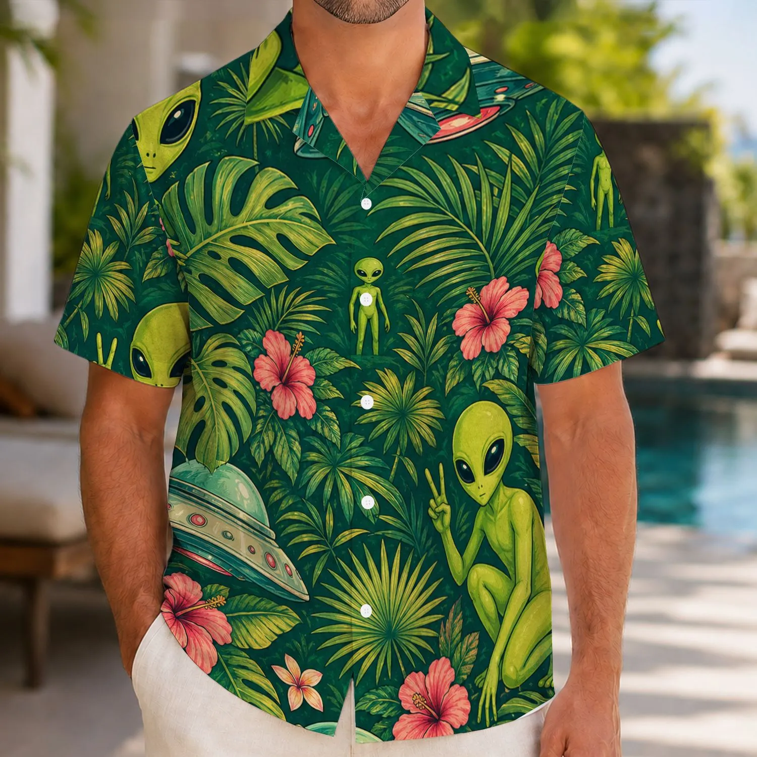Funny Green Alien UFO Jungle Escape for Space Parties, Vacations, and Sci-Fi Fans Hawaiian Shirt - 1