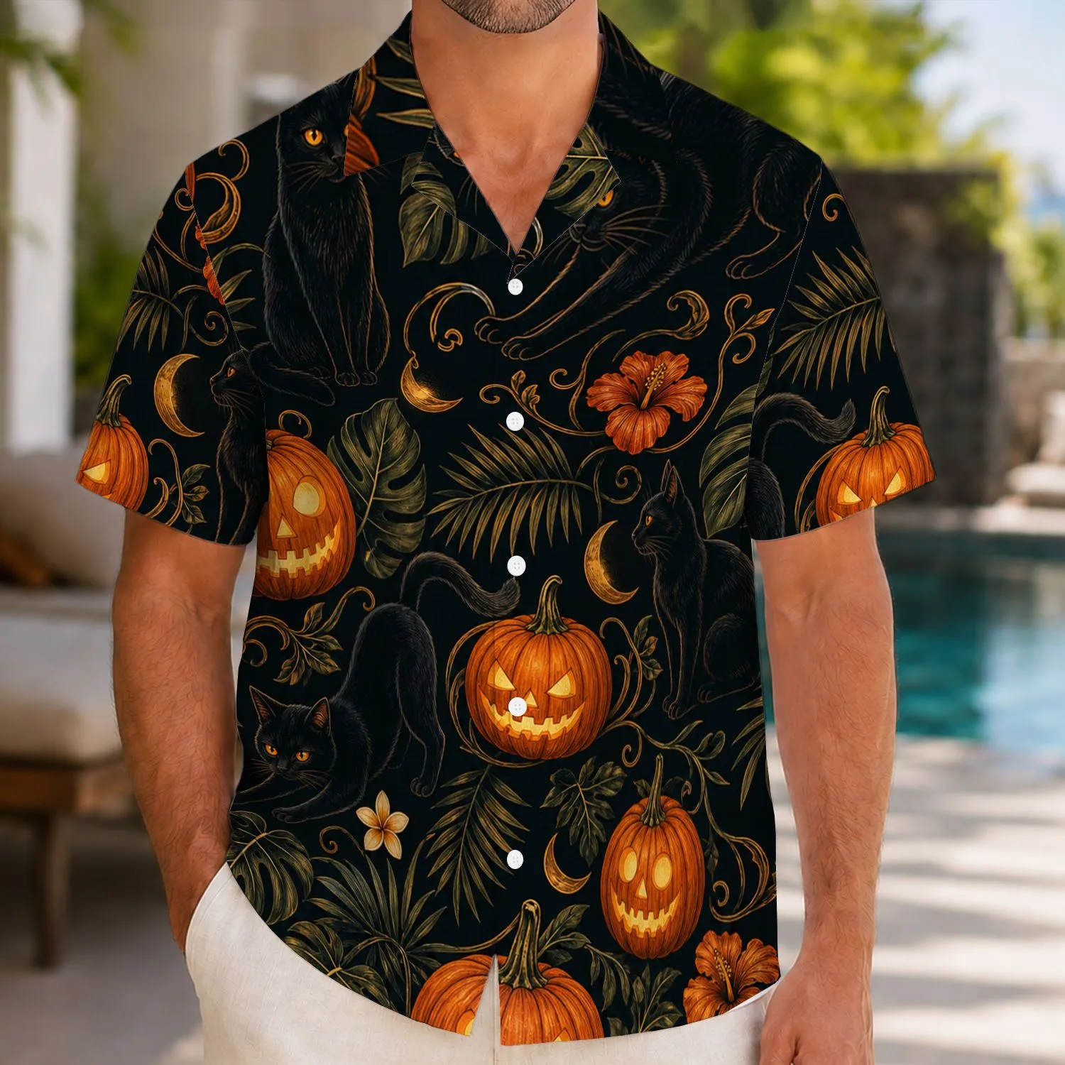 Black Cat Pumpkin Aloha Scene for Halloween Parties and Festive Island Getaways for Men Hawaiian Shirt - 1