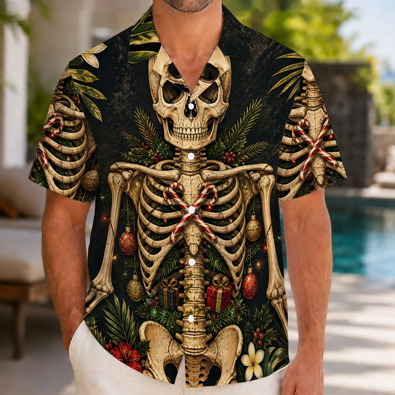 Festive Skeleton Ribcage With Gifts for Christmas Parties, Gothic Holiday Gift for Him Hawaiian Shirt - 1