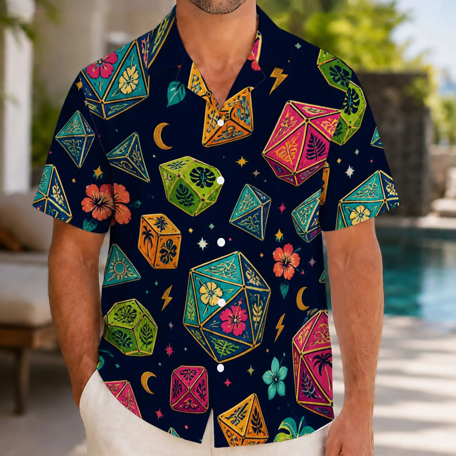 Colorful Polyhedral Dice And Island Botanicals For Game Night Getaways, RPG Fans Hawaiian Shirt - 1