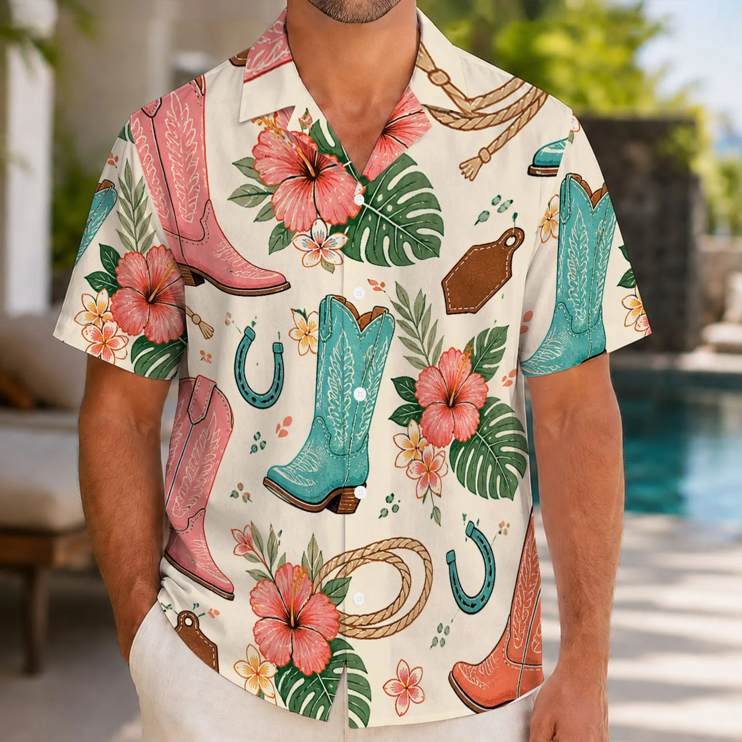 Western Cowboy Boots and Hibiscus Cowgirl Outfit for Nashville Bachelorette Weekend Hawaiian Shirt - 1