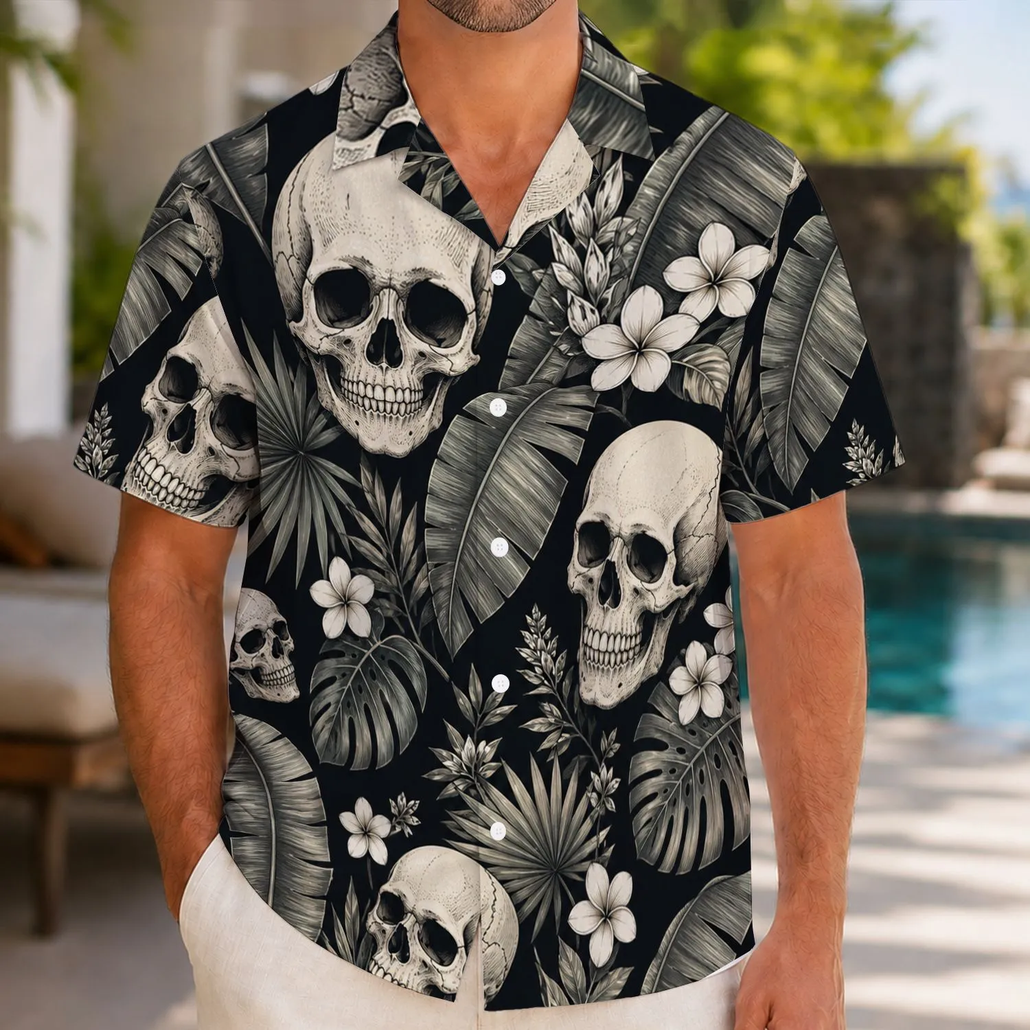 Vintage Skull Tropical Escape Style for Beach Trips and Summer Vacations, Unisex Hawaiian Shirt - 1