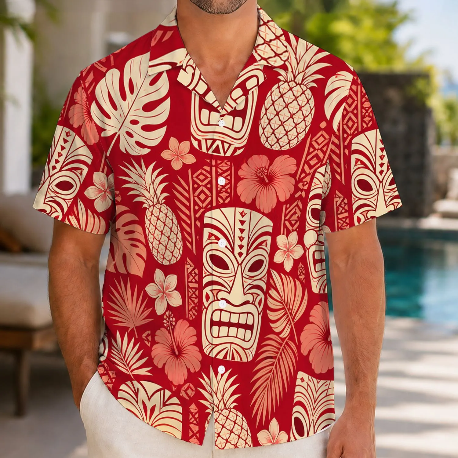 Red Tiki Masks With Tropical Flowers For Island Parties And Summer Getaways For All Hawaiian Shirt - 1