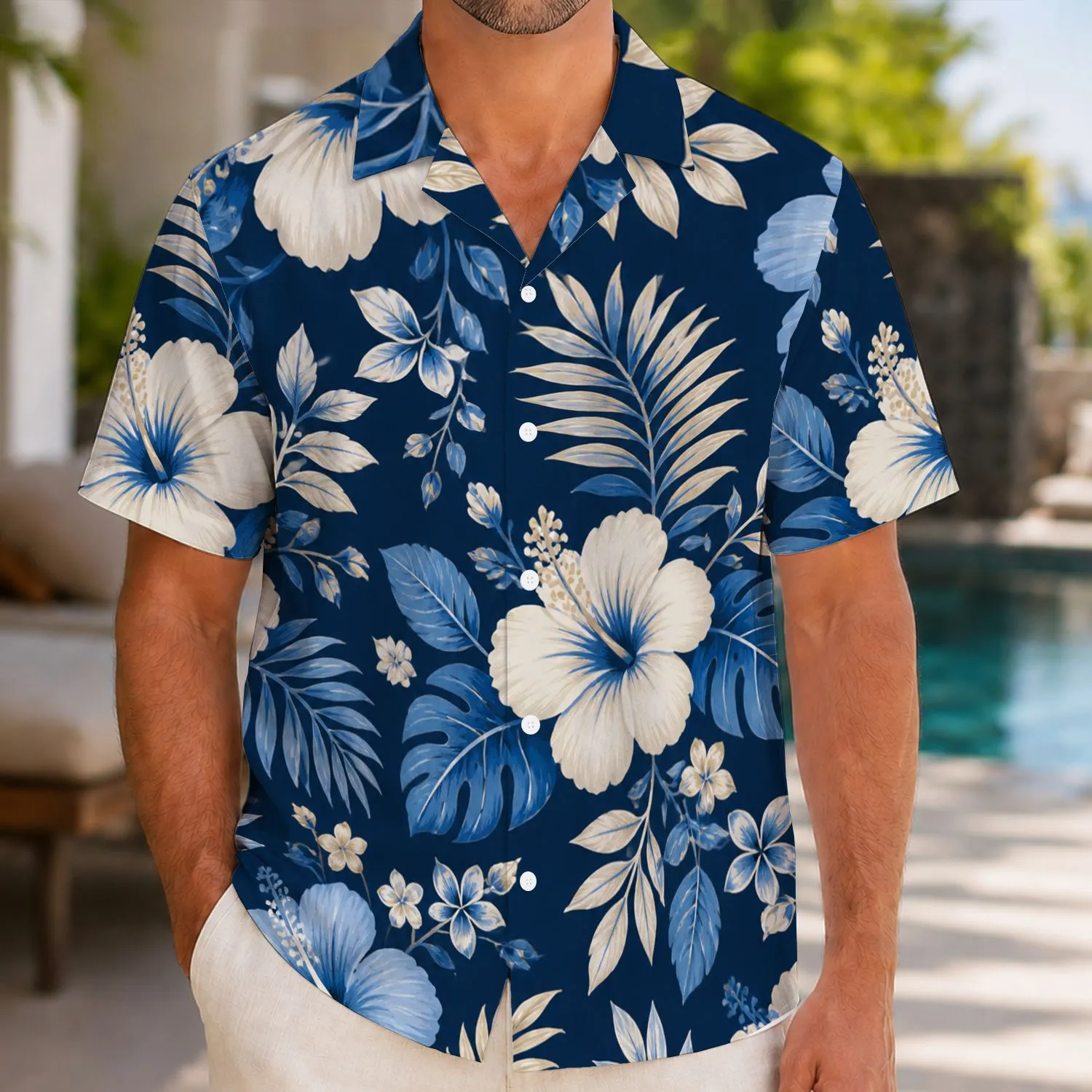 Navy Tropical Foliage Couple Set for Beach Vacations and Honeymoon Island Getaways Hawaiian Shirt - 1