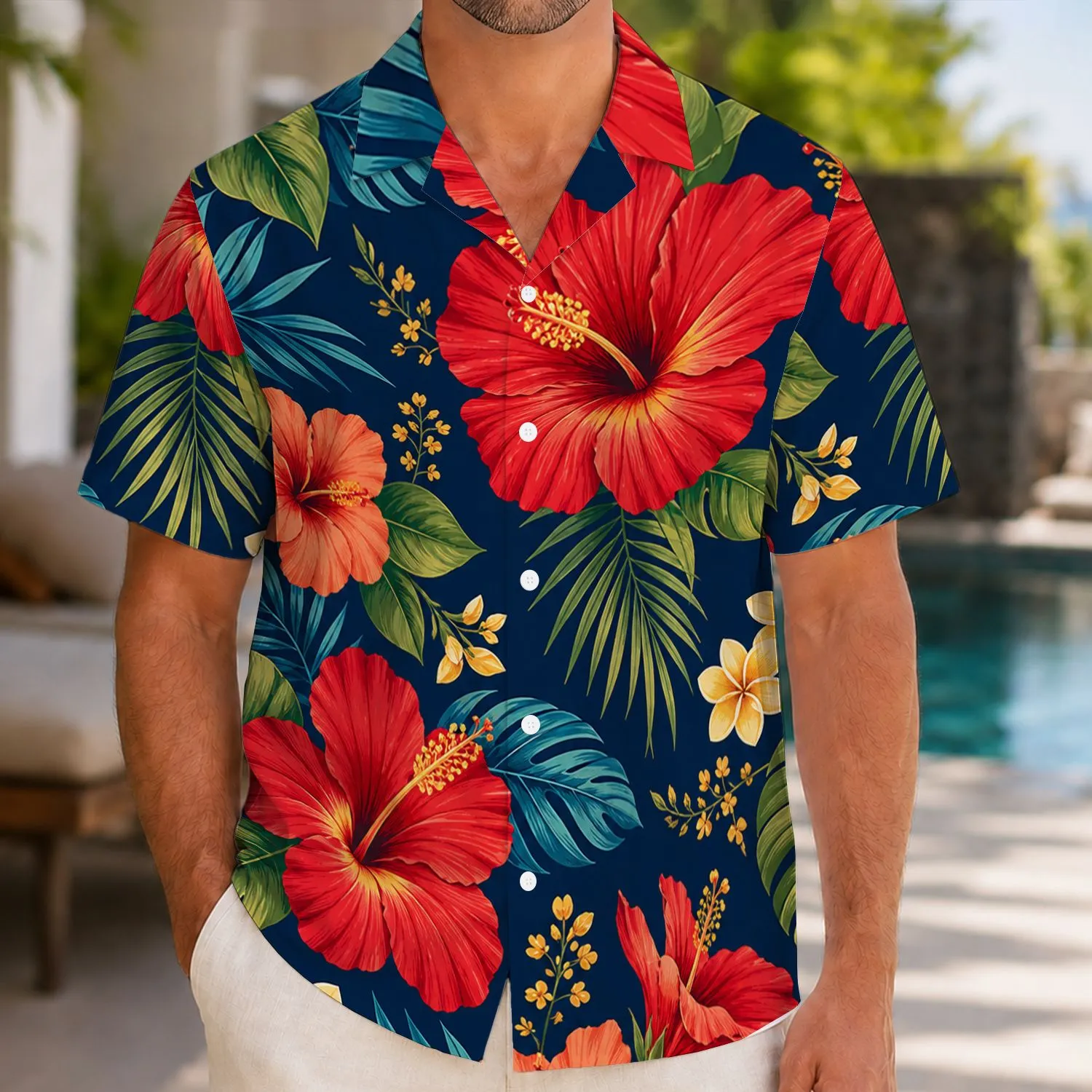 Navy Hibiscus Family Florals for Tropical Vacations and Beach Days Together by the Sea Hawaiian Shirt - 1