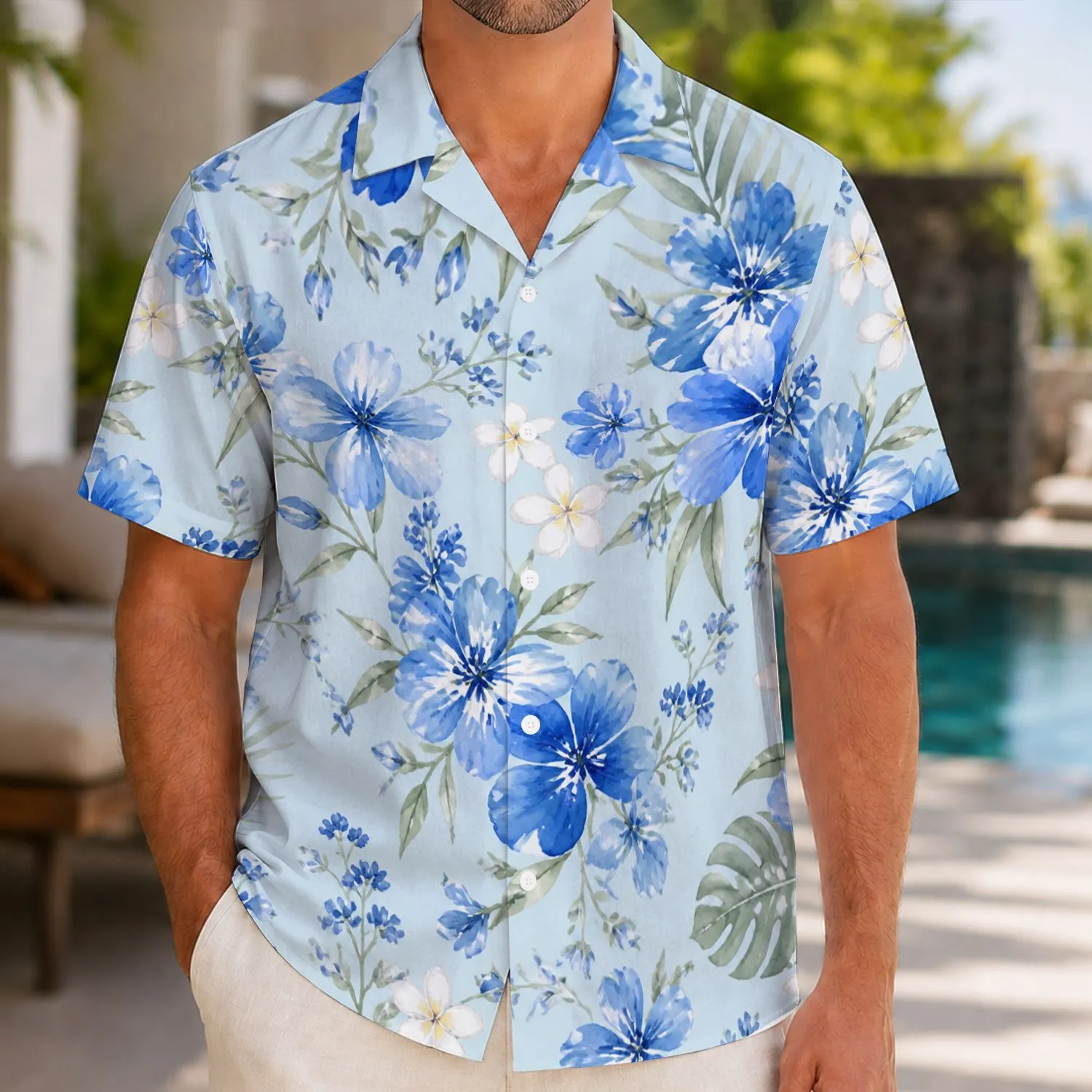 Blue Watercolor Floral Couple Style For Island Vacations And Summer Resort Days Away Hawaiian Shirt - 1