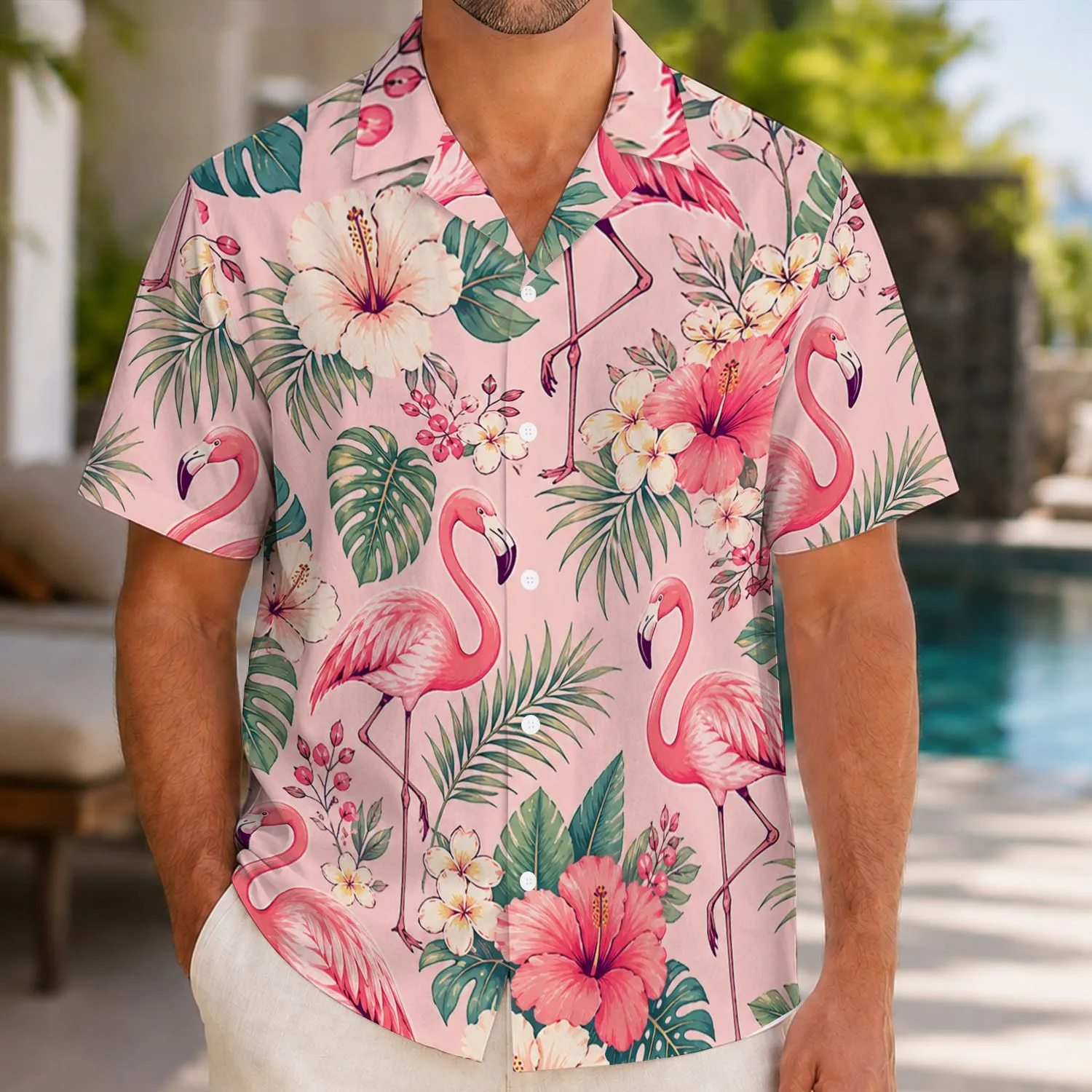 Pink Flamingo Tropical Couple Scene for Beach Vacations and Summer Getaways for Couples Hawaiian Shirt - 1