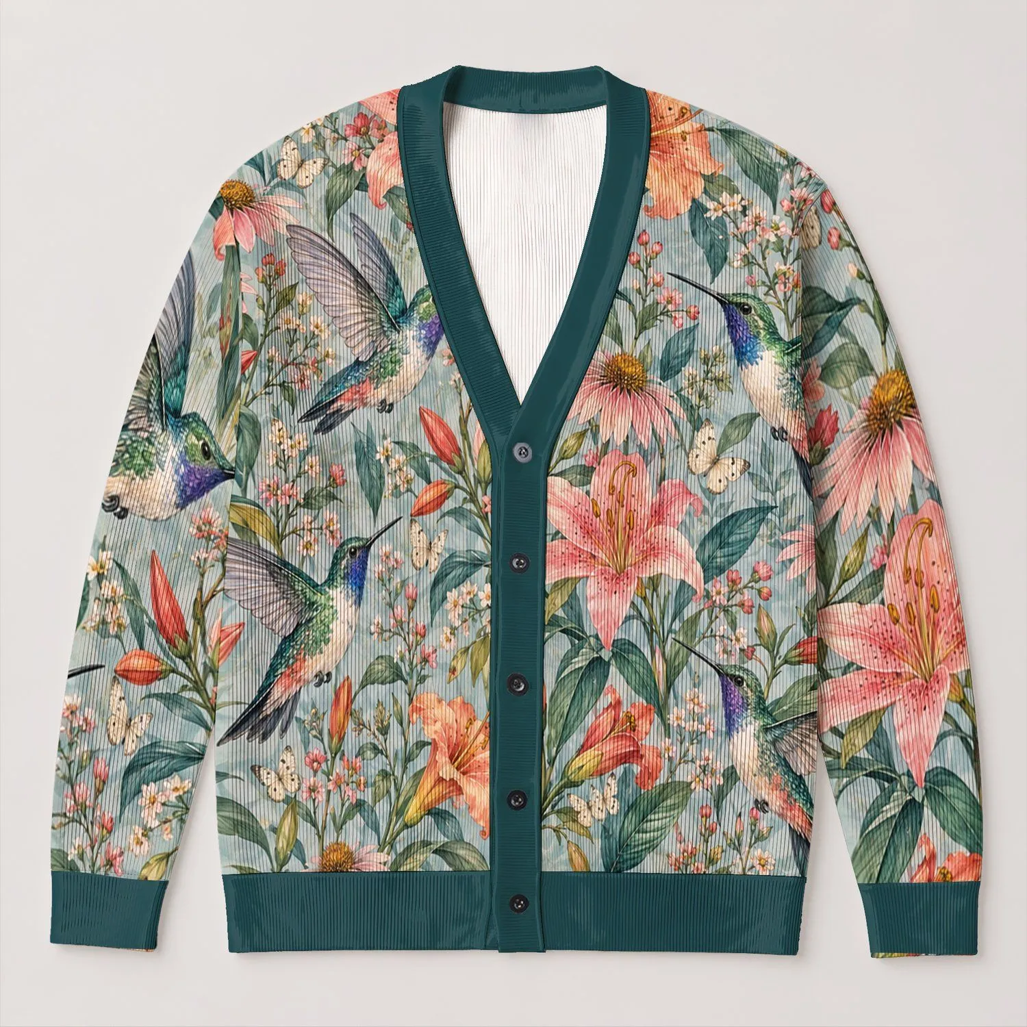 Hummingbird Wildflower Garden For Relaxed Spring Layering And Everyday Gift Giving All-over Print Knitted Cardigan - 1