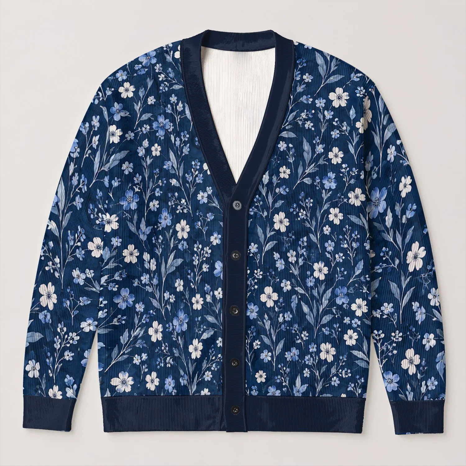 Navy Blue Wildflower Motif for Relaxed Vacation Layers and Everyday Women's Style All-over Print Knitted Cardigan - 1