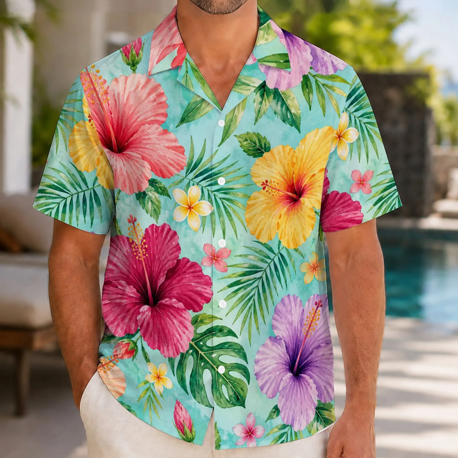 Watercolor Hibiscus Florals for Tropical Getaways, Beach Days, and Matching Couples Hawaiian Shirt - 1