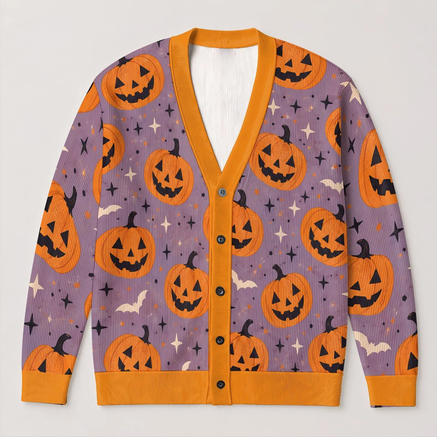 Retro Pumpkin Bats And Stars For Halloween Gatherings And Autumn Layering Women All-over Print Knitted Cardigan - 1